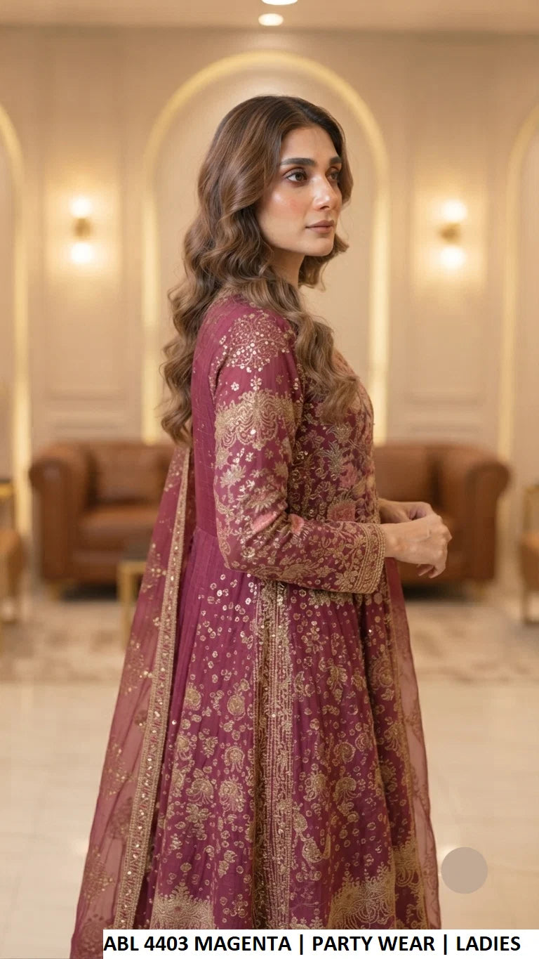 3pc Chiffon Embroidered Long Maxi Formal Dress 5264 MAGENTA