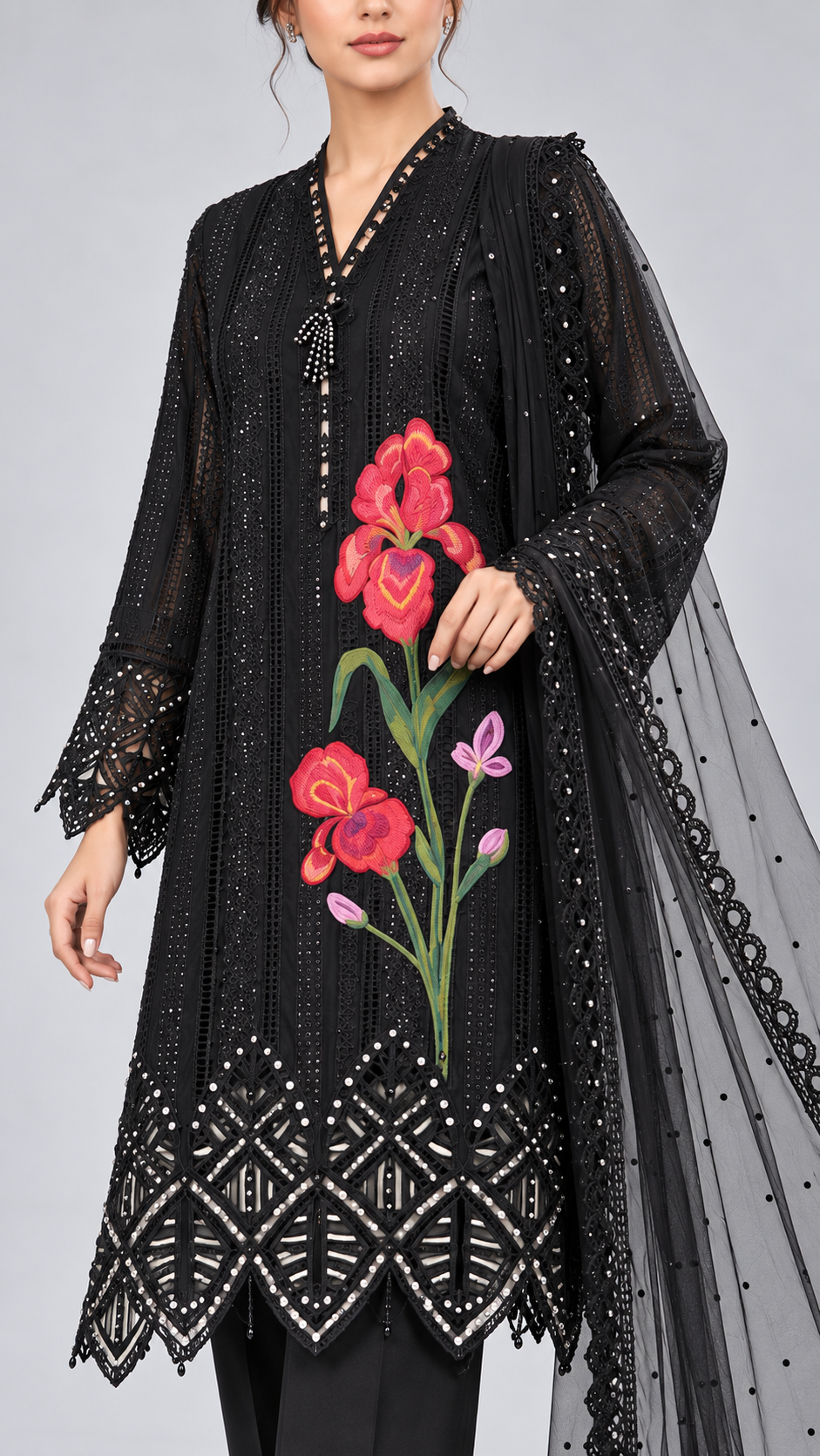 Close-up of floral motif and embroidery on black suit with net dupatta