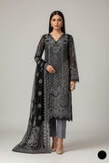 Black and grey embroidered chiffon three-piece suit with dupatta and trousers