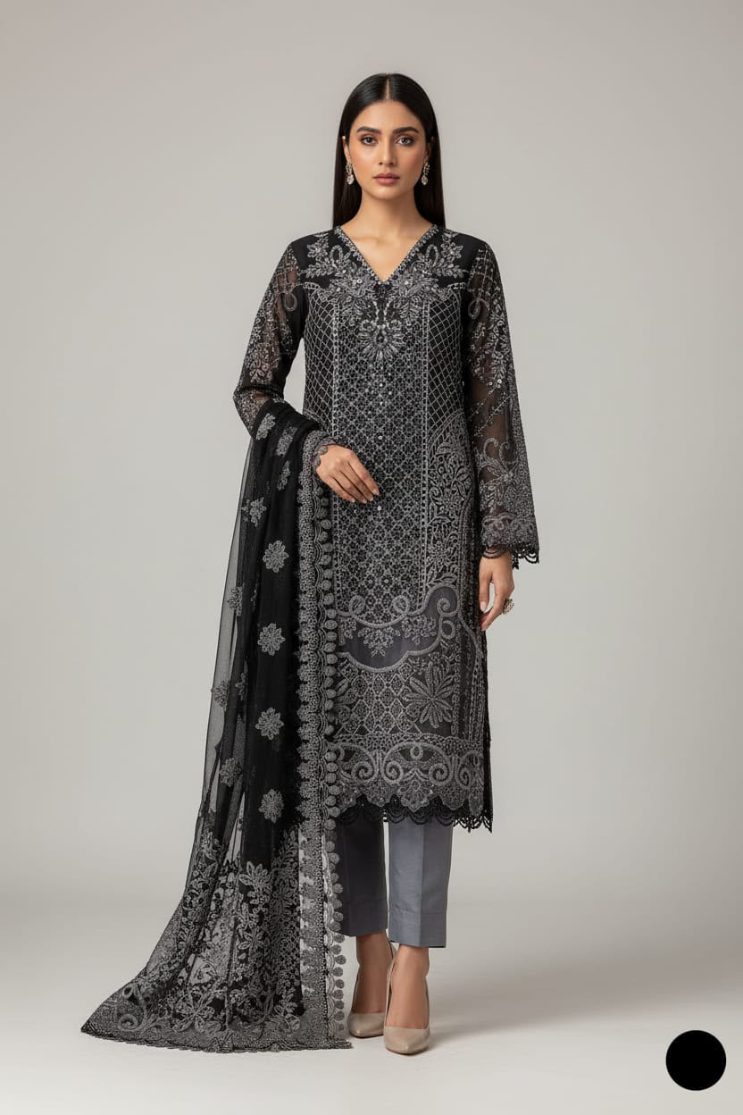 Black and grey embroidered chiffon three-piece suit with dupatta and trousers
