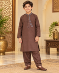 Boy wearing a brown embroidered kameez with matching brown salwar