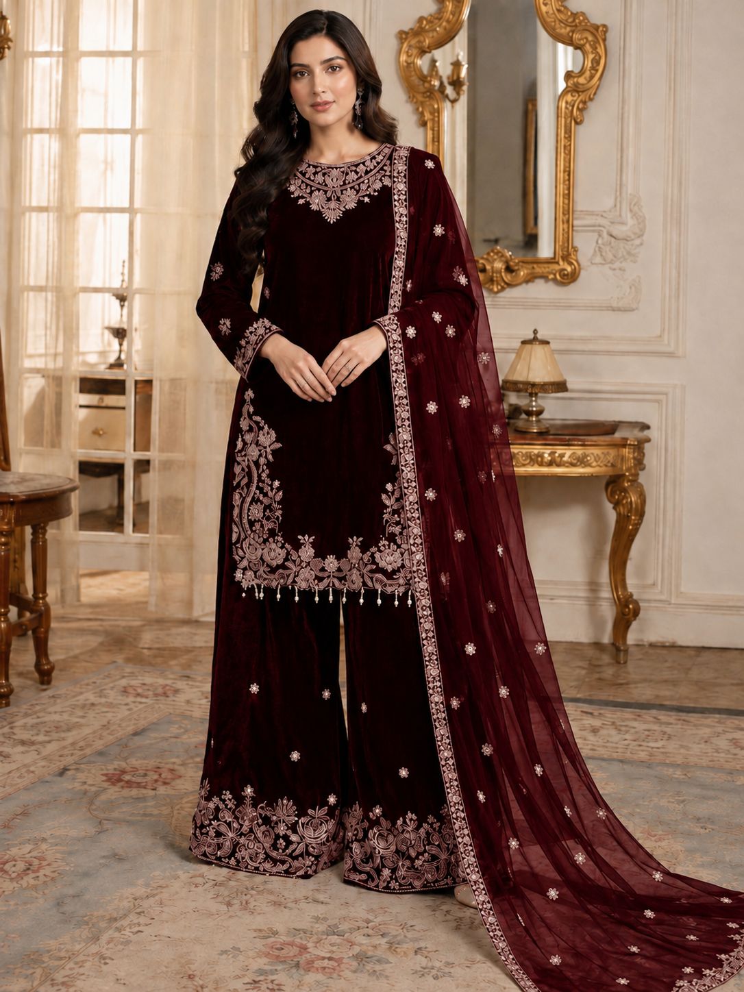 Pure Velvet 3-Piece Embroidered Suit | Thread & Sequence Work | Velvet Plazo + Chiffon Dupatta 2317