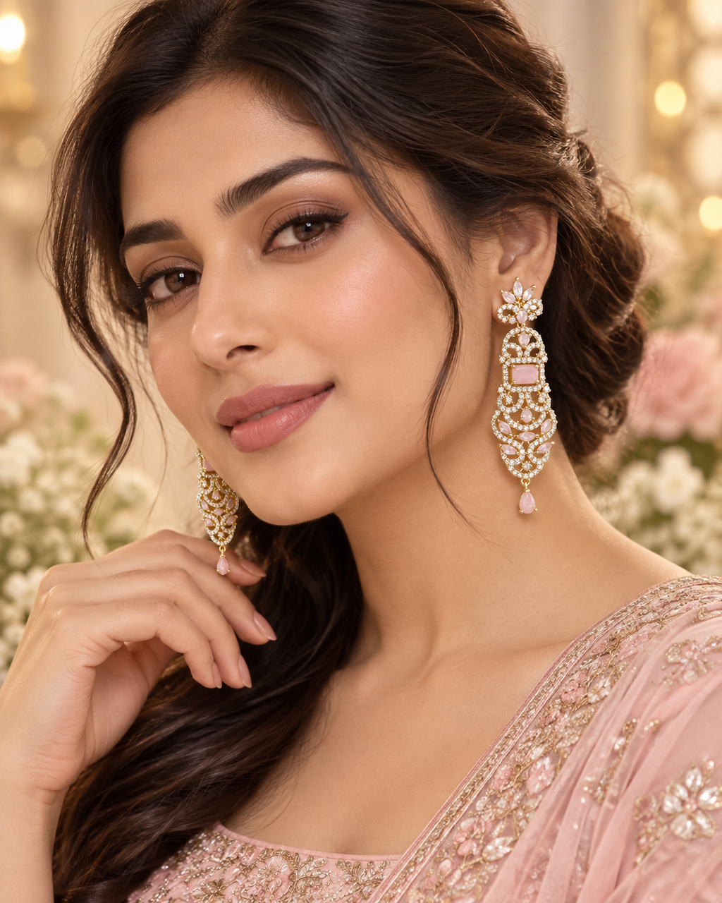 Blush Pink & Gold Crystal Long Drop Earrings 026