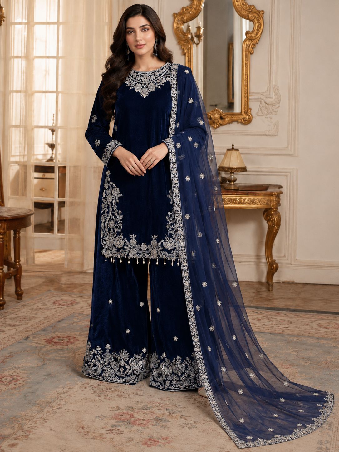 Pure Velvet 3-Piece Embroidered Suit | Thread & Sequence Work | Velvet Plazo + Chiffon Dupatta 2316