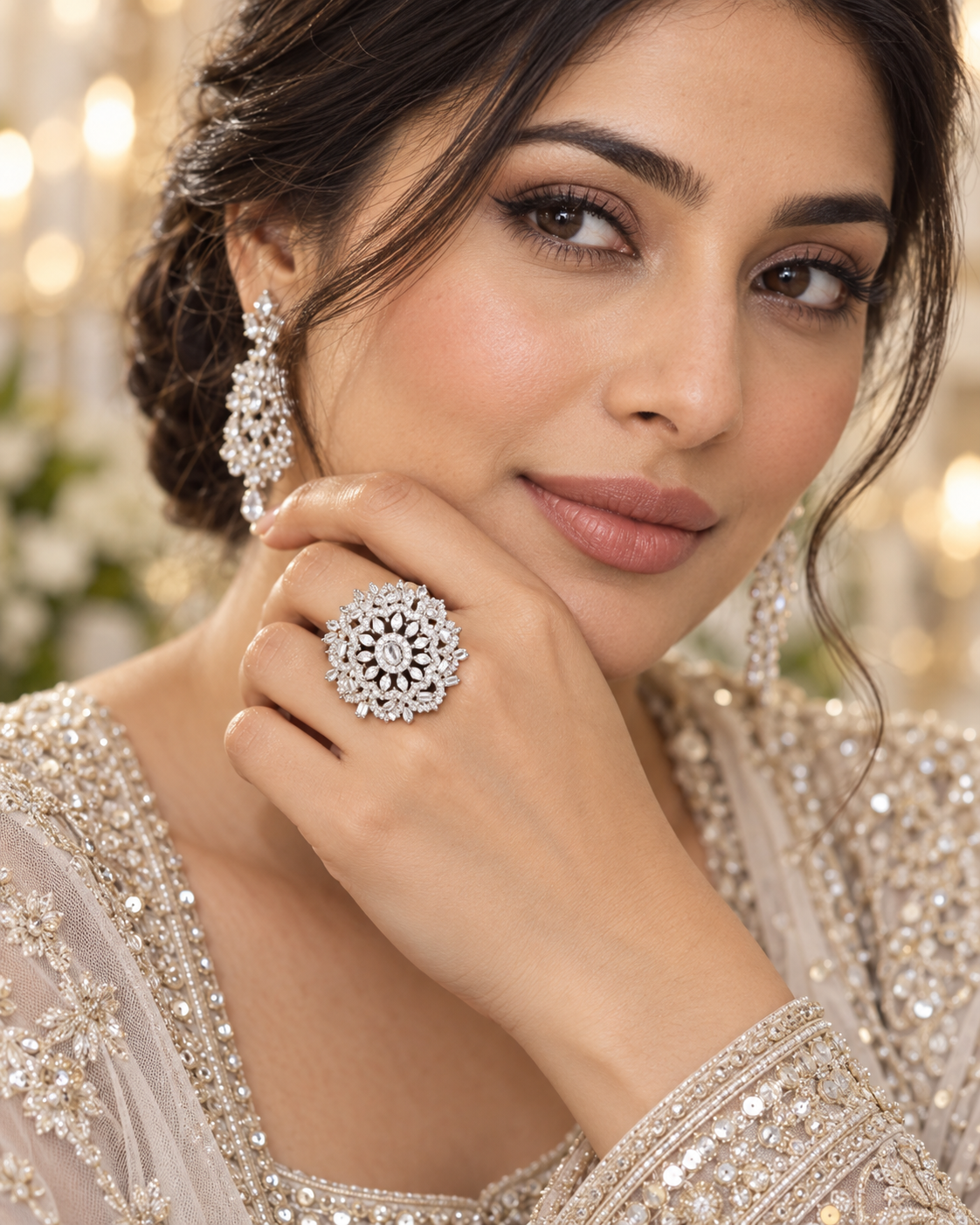 Silver Crystal Floral Statement Ring | Luxury Oval Halo Cocktail Ring