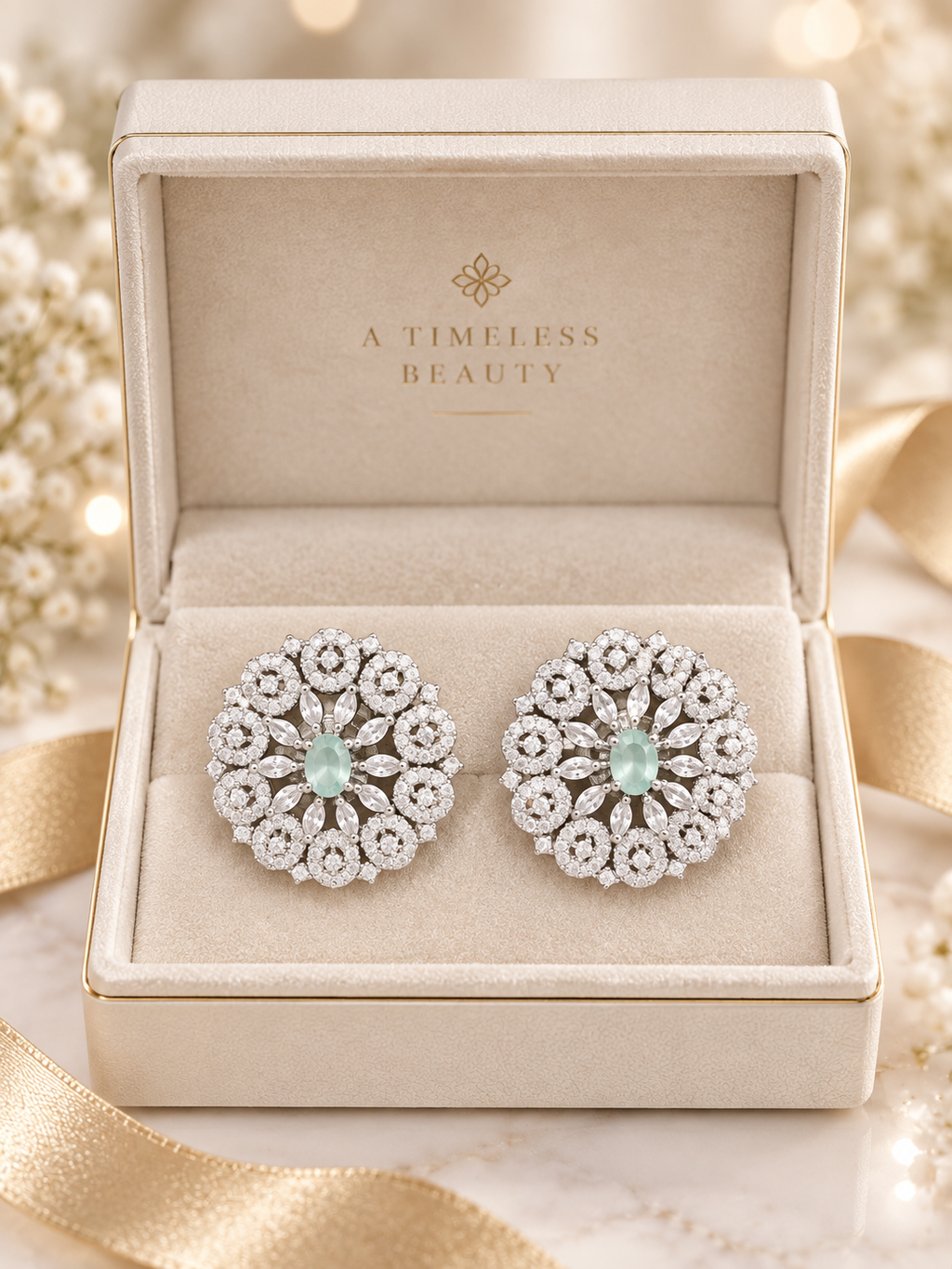 Mint Green & Silver Crystal Floral Stud Earrings | Luxury Statement Earrings