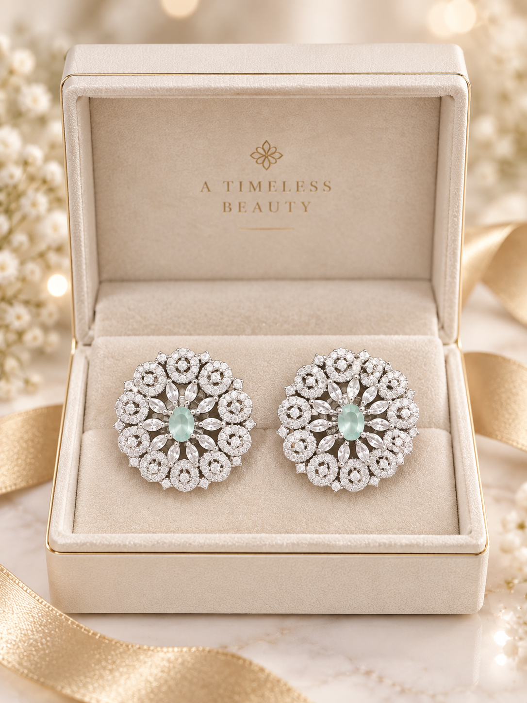 Mint Green & Silver Crystal Floral Stud Earrings | Luxury Statement Earrings