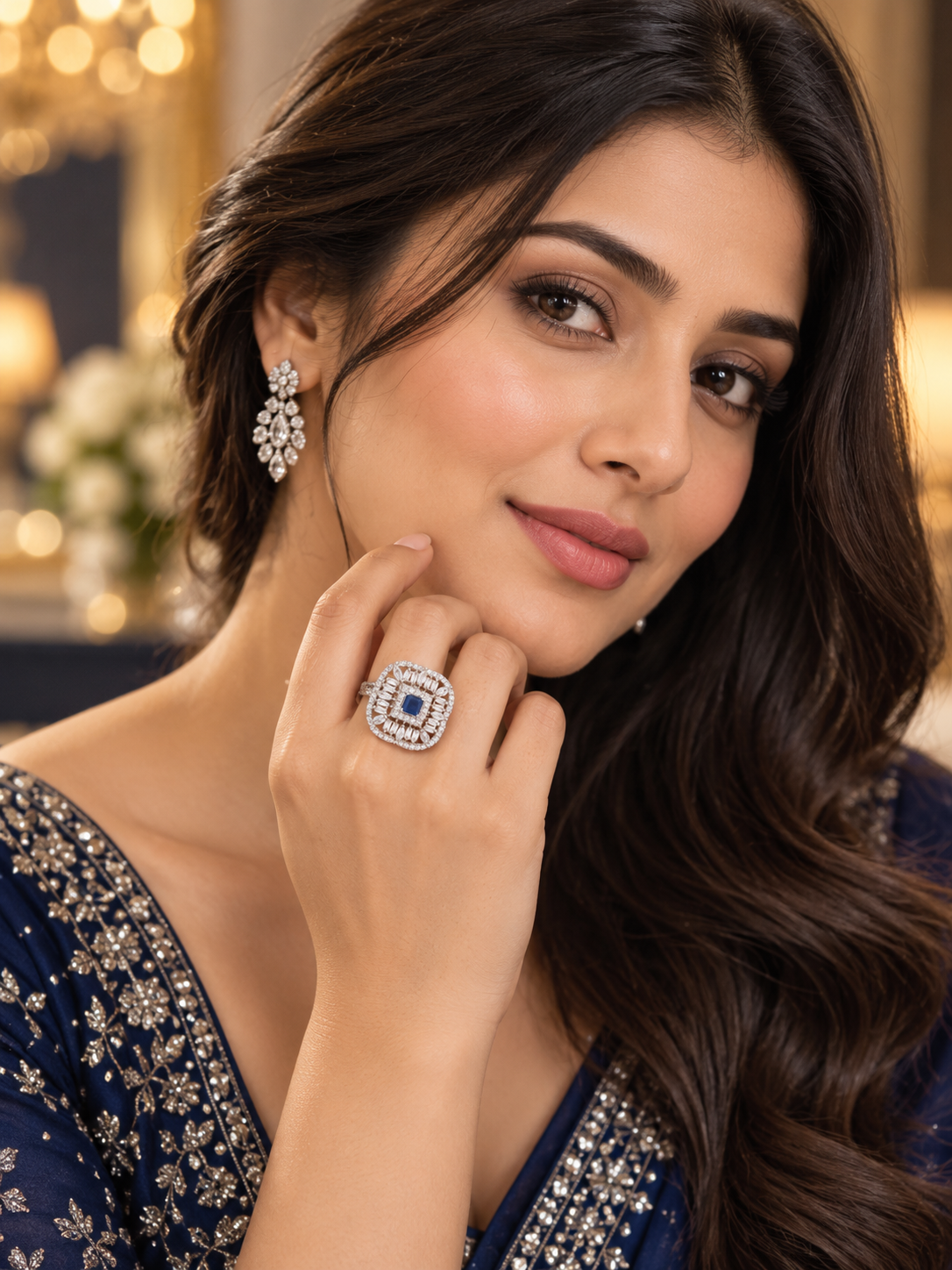 Royal Blue Crystal Halo Statement Ring 031