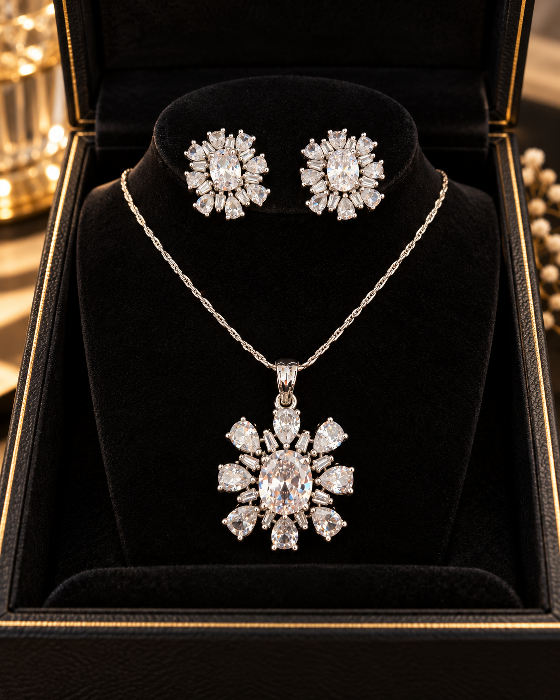 Silver-colour floral pendant necklace and matching sparkling earrings displayed in black jewellery box