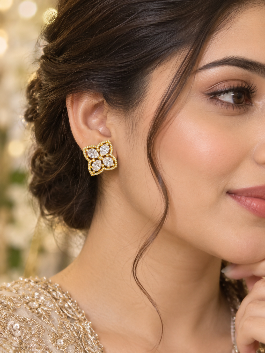 Gold-Tone Four Petal Crystal Stud Earrings | Floral Statement Earrings