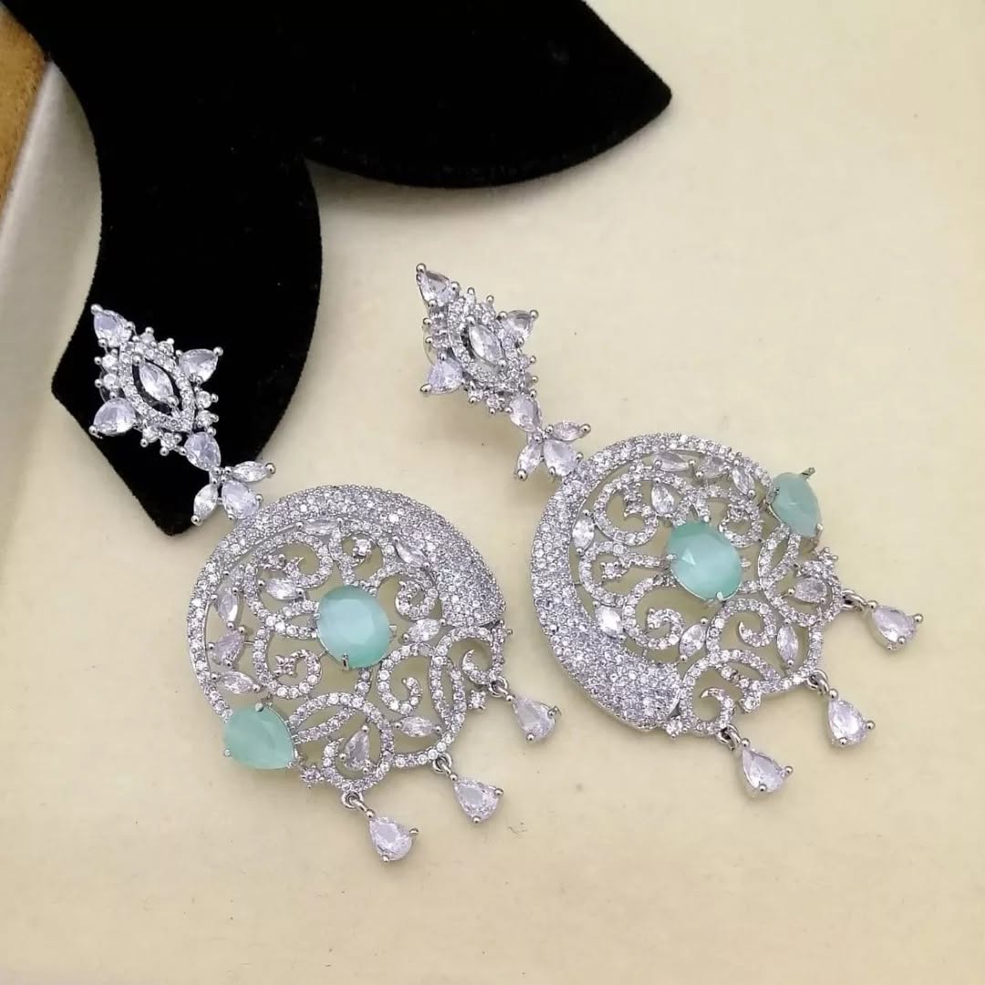 Mint Green Crystal Statement Drop Earrings | Silver-Tone Designer Earrings