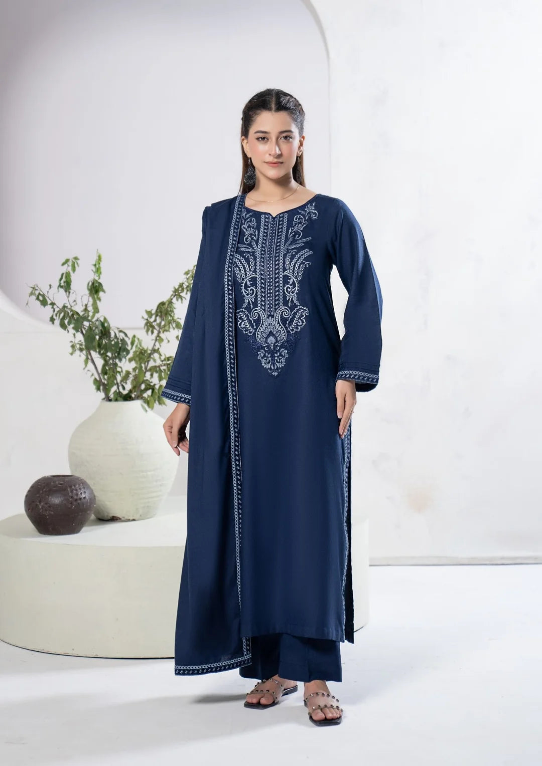 Full-length navy blue embroidered three-piece winter suit with shawl