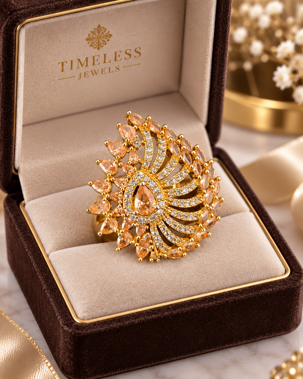 Luxury Champagne Crystal Statement Ring | Gold-Tone Floral Teardrop Design