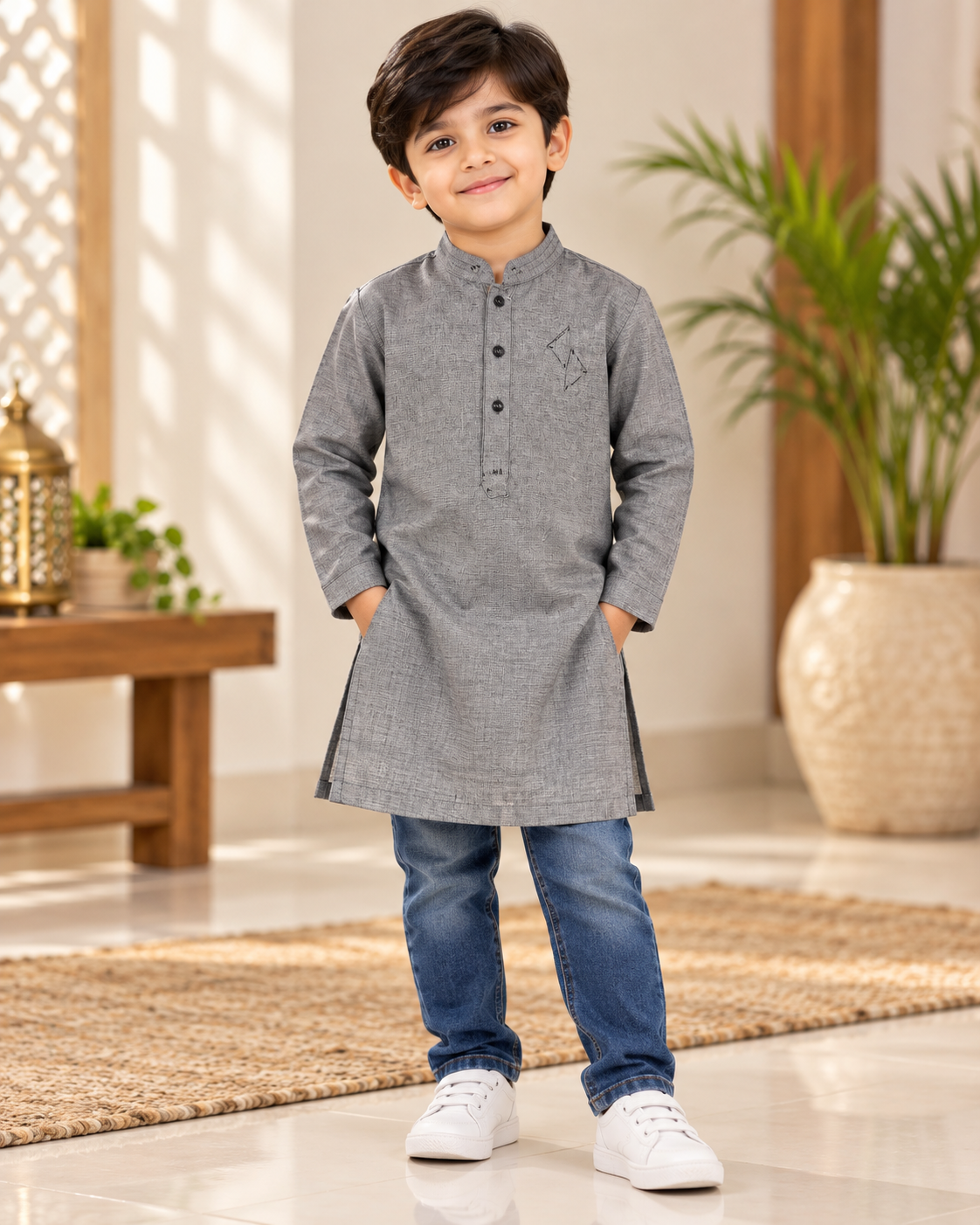 Boy wearing a grey kurta with black buttons and geometric chest stitching, styled with jeans