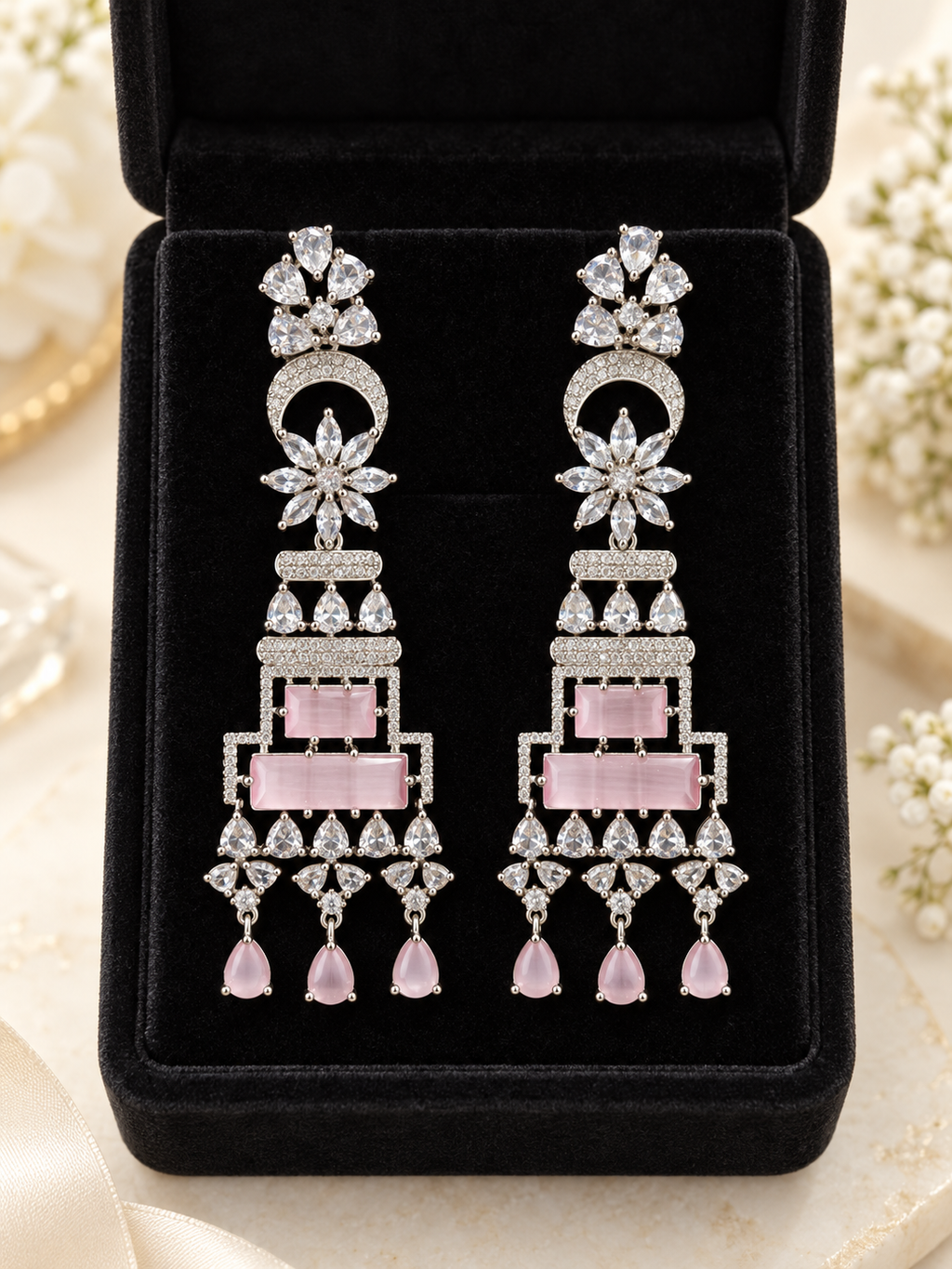 Blush Pink Crystal Chandelier Earrings | Silver-Tone Long Statement Earrings
