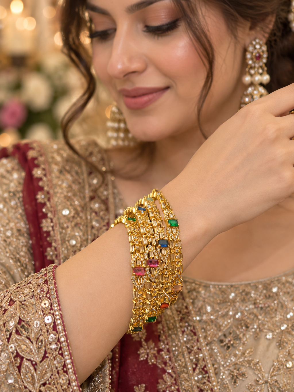 Luxury Gold-Tone Multicolour Crystal Bangles | Statement Party Wear