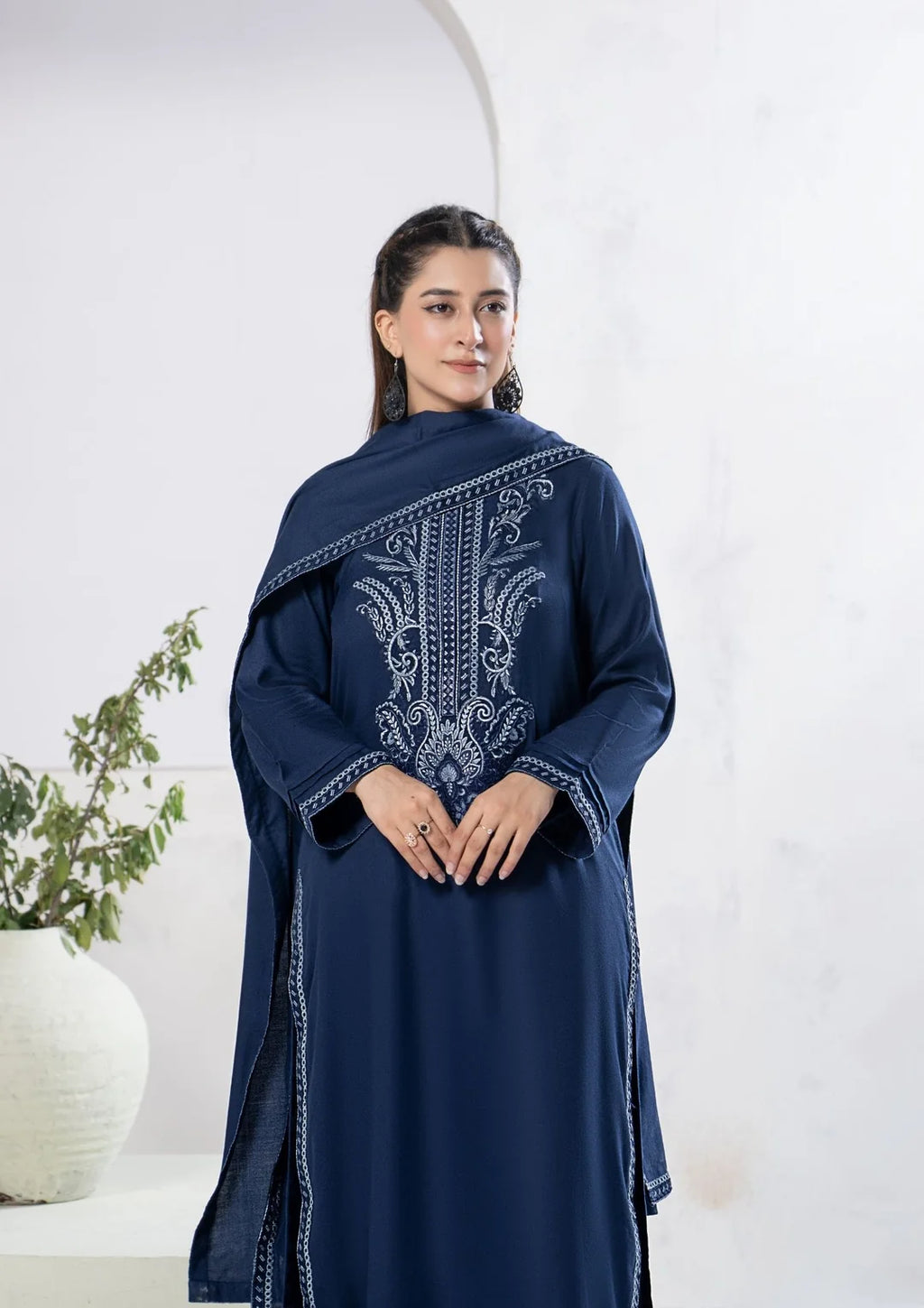 Navy blue embroidered shirt styled with matching shawl
