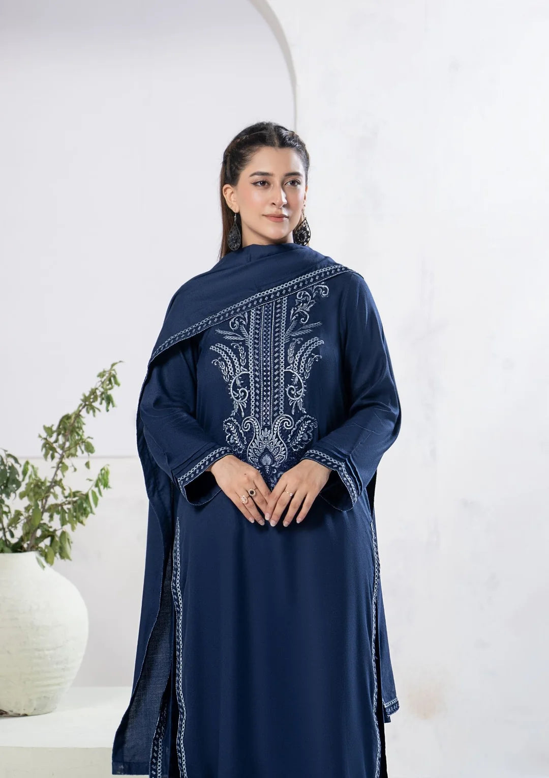 Navy blue embroidered shirt styled with matching shawl