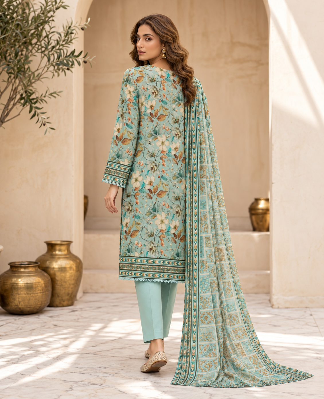 Back view of green floral printed lawn three-piece suit with printed lawn dupatta