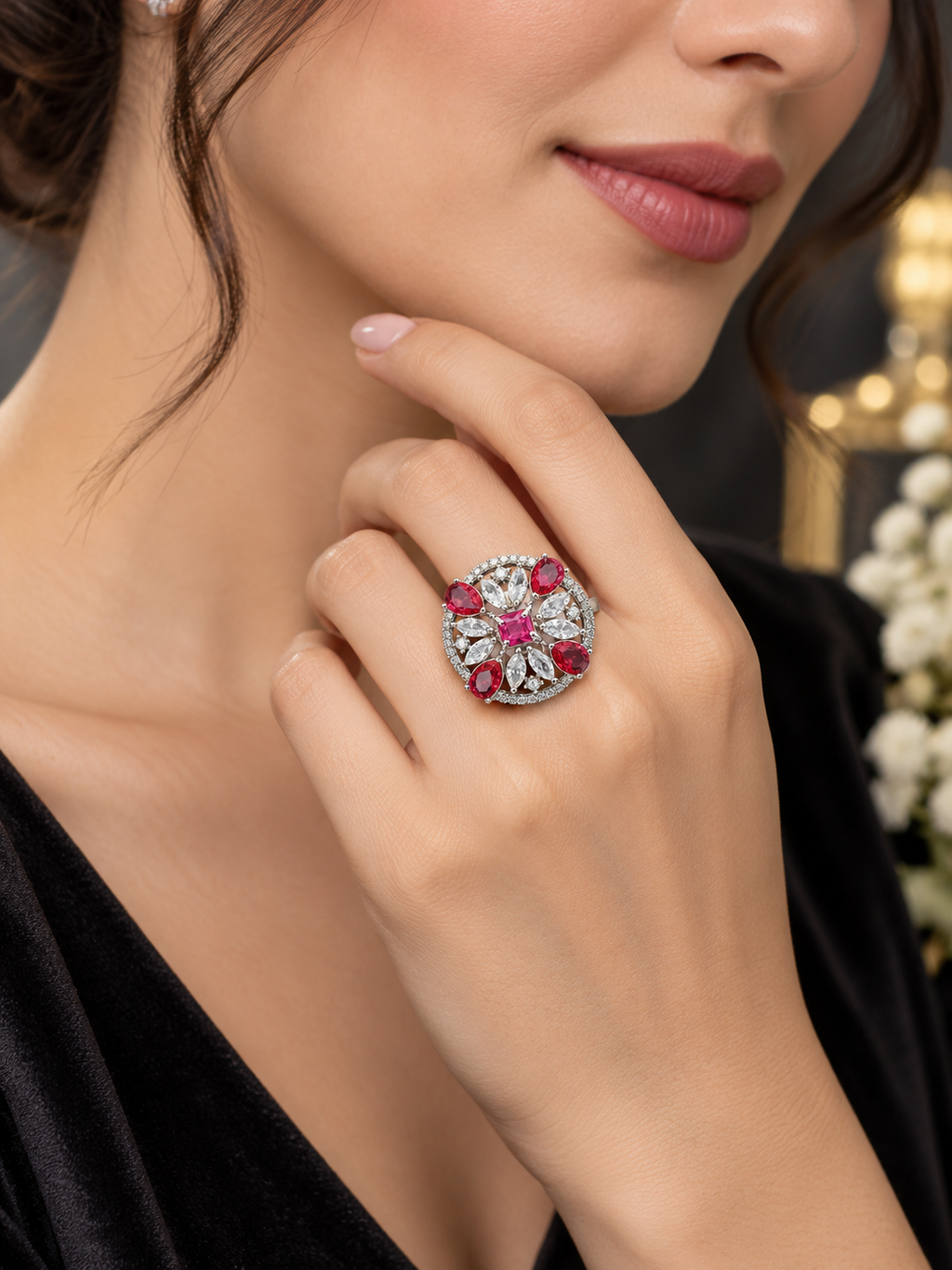Ruby Pink Crystal Statement Ring | Silver-Tone Floral Halo Design