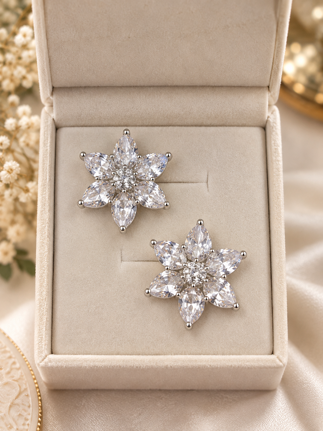 Silver Crystal Floral Stud Earrings | Luxury Marquise Flower Earrings