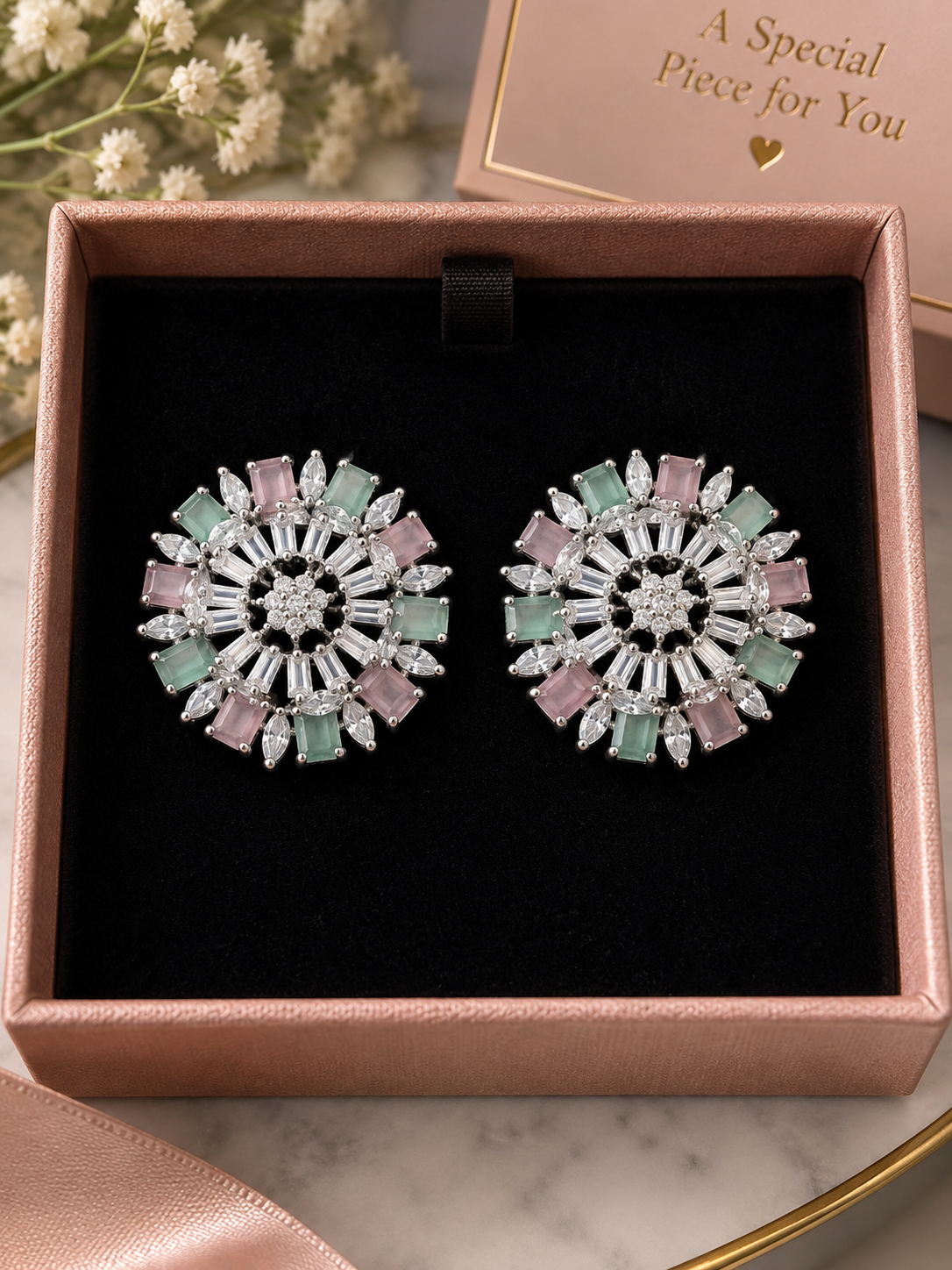 Luxury Round AD Top Studs – Mint Pink & Clear Zircon Earrings for Party Wear 022