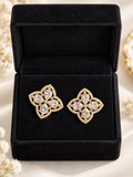 Gold-Tone Four Petal Crystal Stud Earrings | Floral Statement Earrings