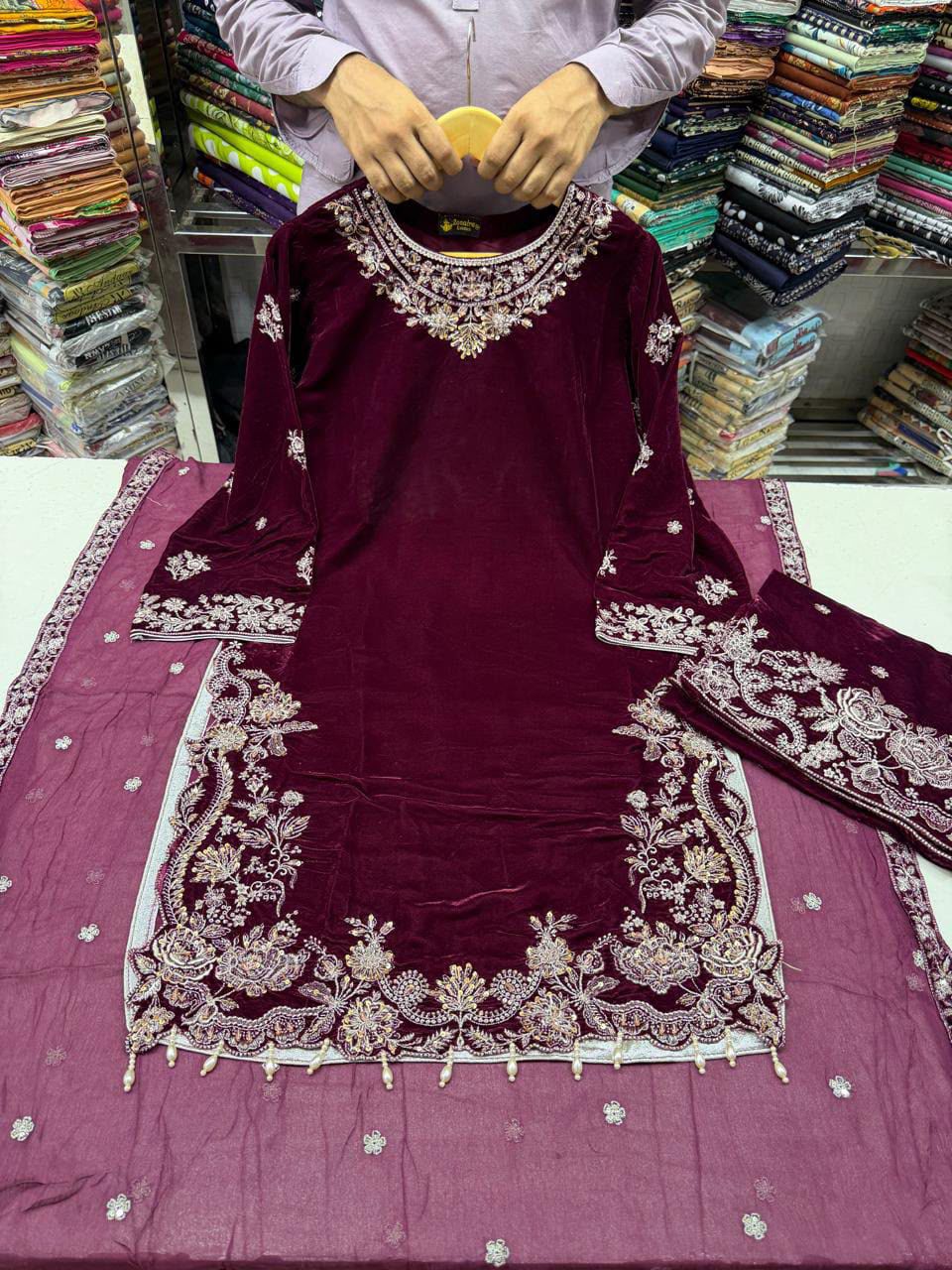 Pure Velvet 3-Piece Embroidered Suit | Thread & Sequence Work | Velvet Plazo + Chiffon Dupatta 2317