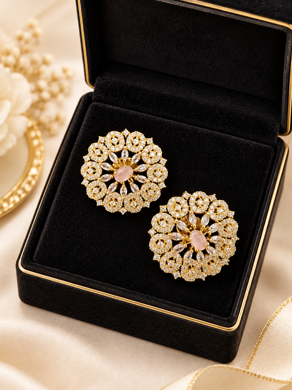 Blush Pink & Gold Crystal Floral Stud Earrings | Luxury Round Statement Earrings