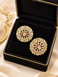 Blush Pink & Gold Crystal Floral Stud Earrings | Luxury Round Statement Earrings