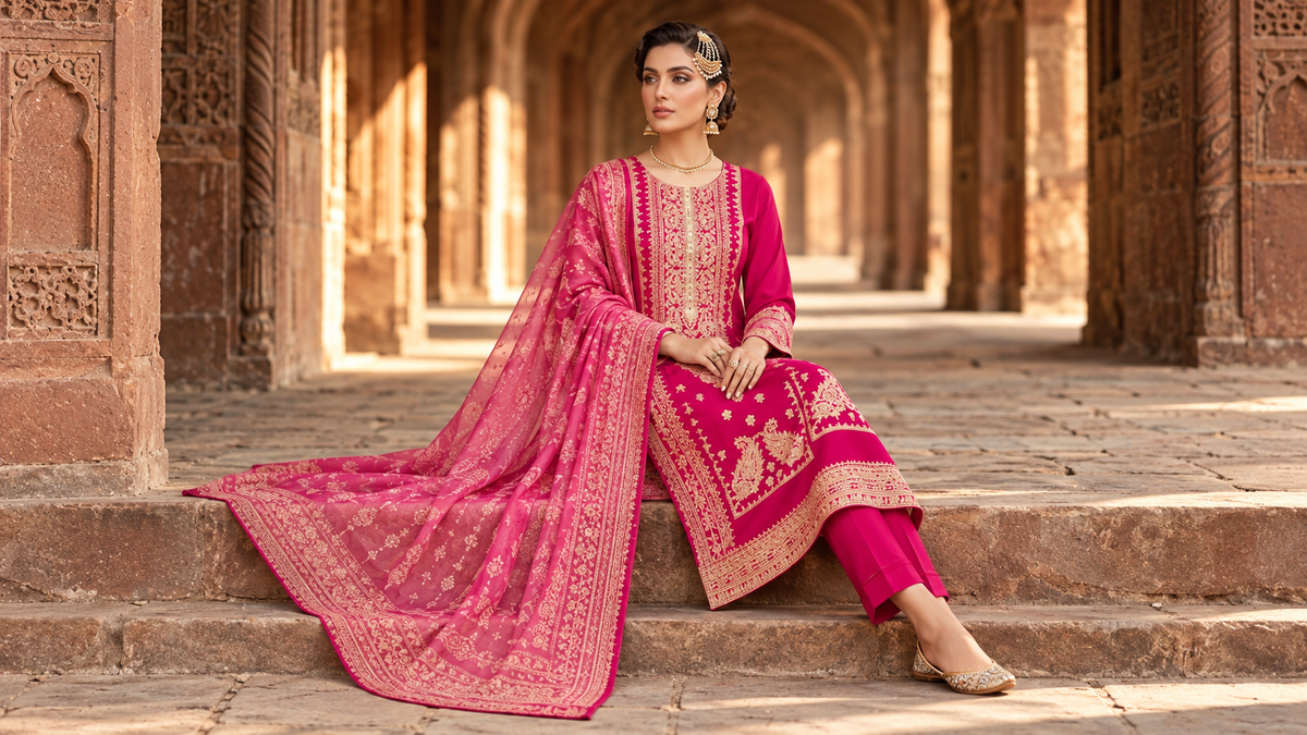 Pink embroidered cotton suit with printed chiffon dupatta, seated full look