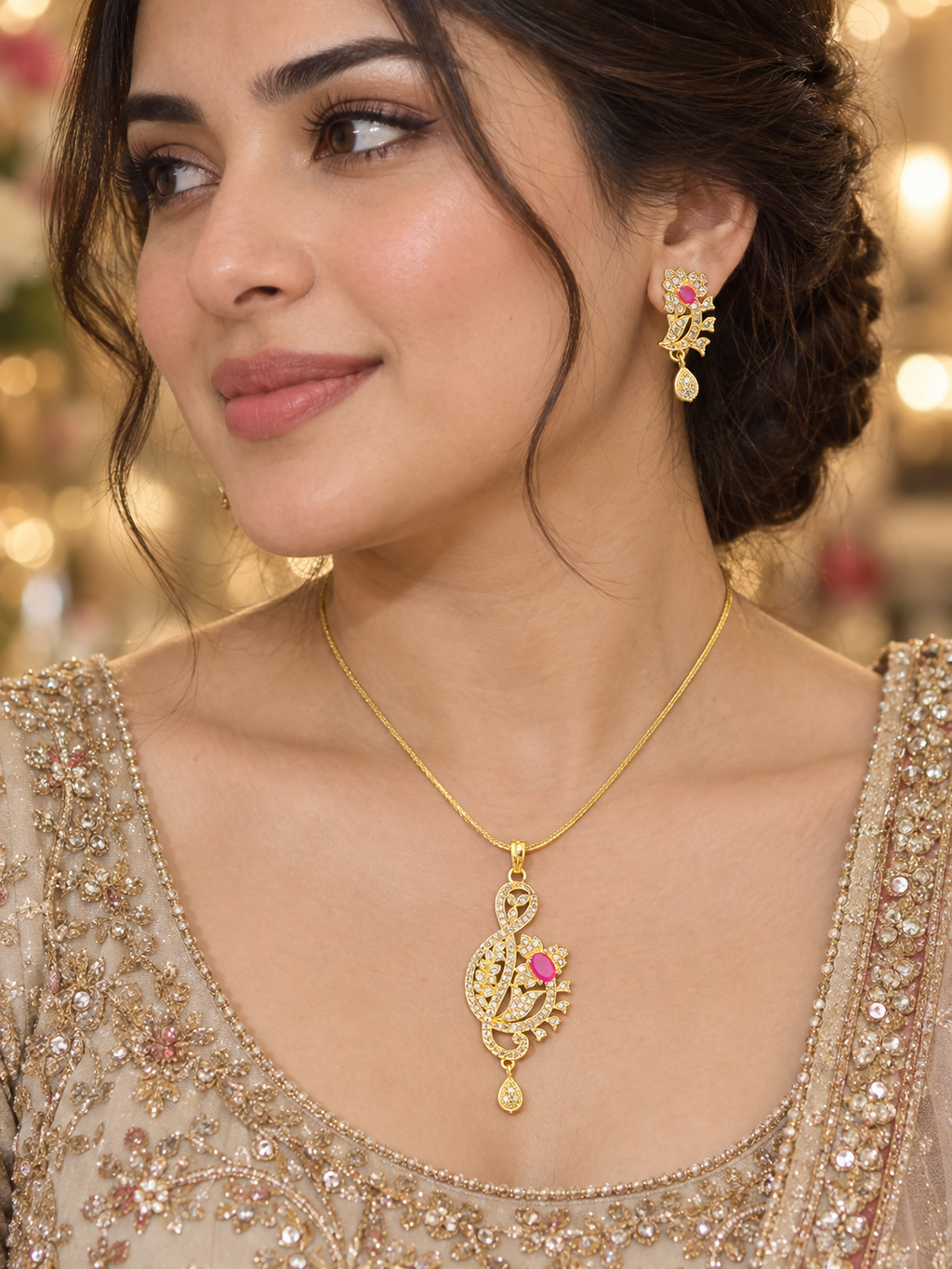 Gold-Tone Crystal Peacock Pendant Necklace & Earrings Set – Pink Stone