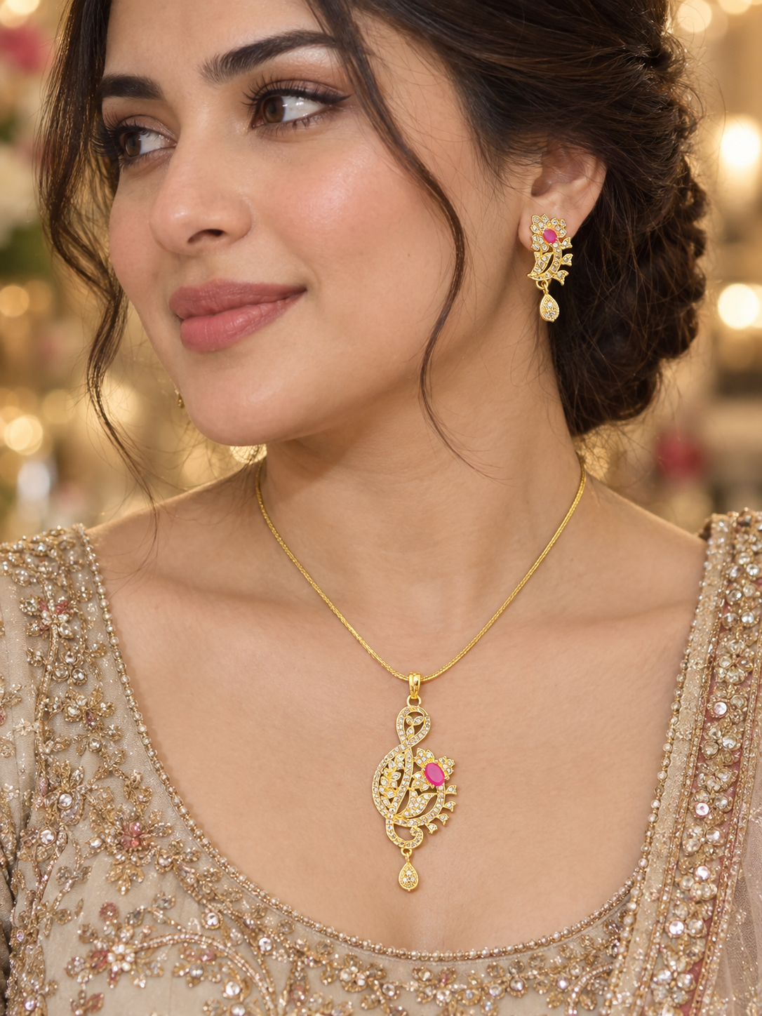Gold-Tone Crystal Peacock Pendant Necklace & Earrings Set – Pink Stone
