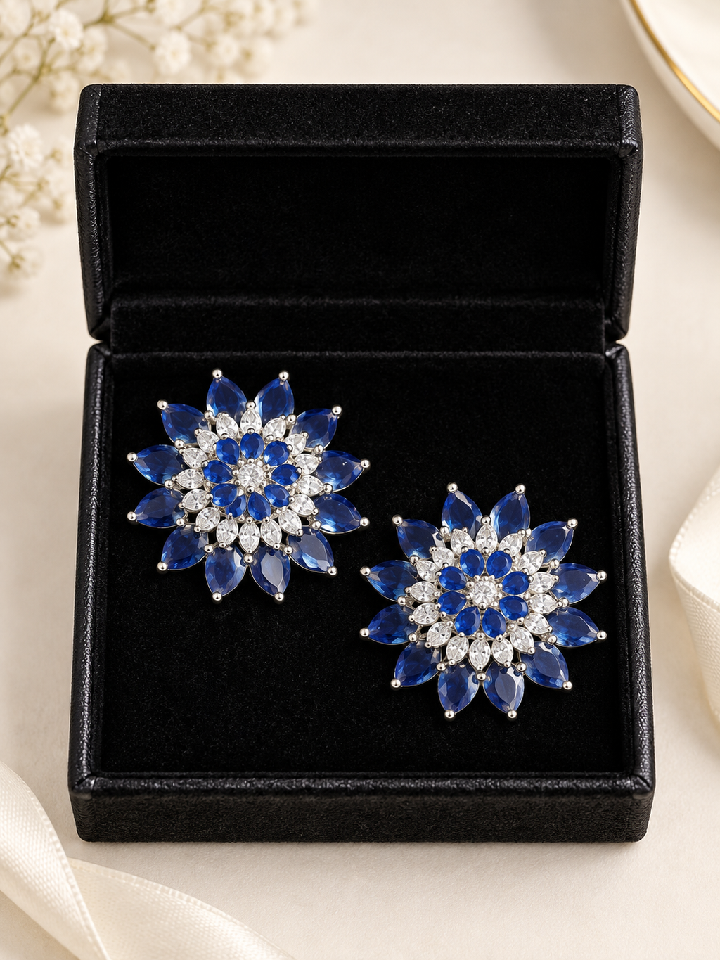 Royal Blue Floral Crystal Statement Earrings | Silver-Tone Party Wear