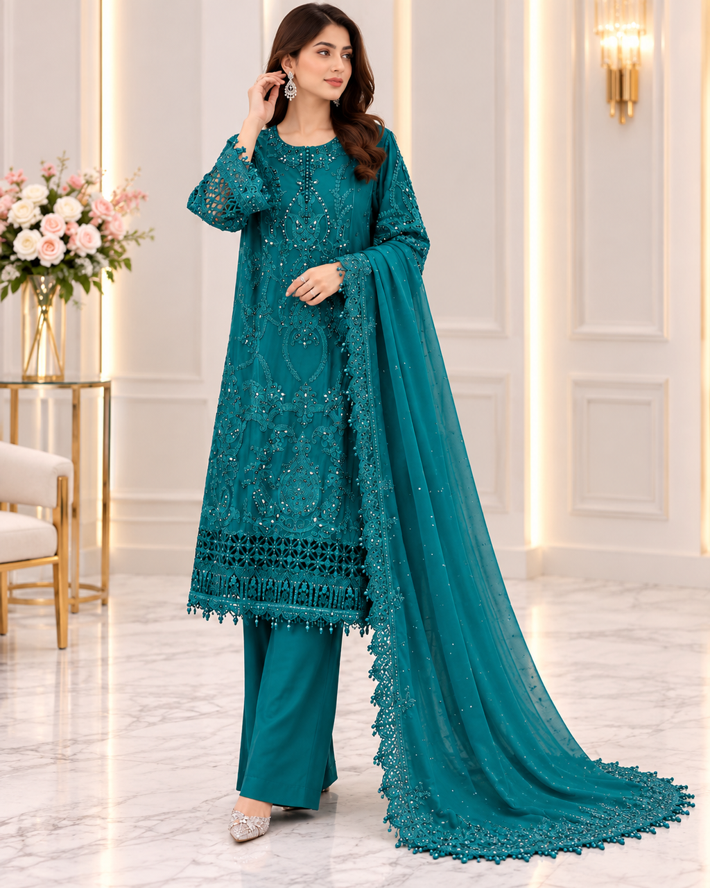 Green Chiffon Embroidered 3-Piece Suit | Size M