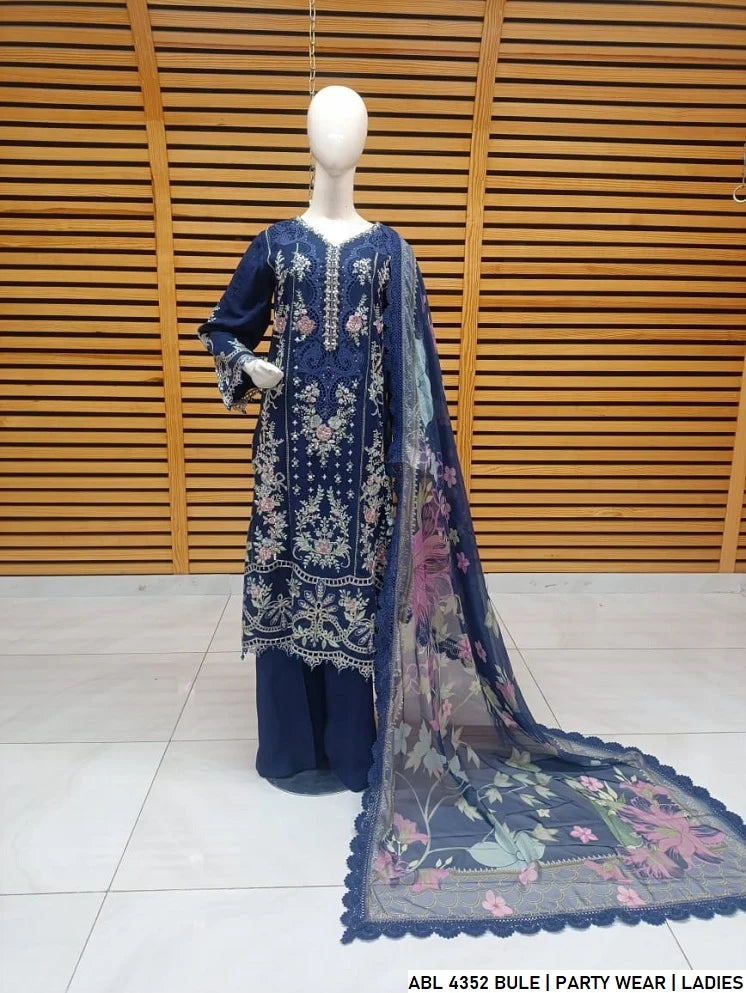 3pc Chiffon Embroidered Formal Dress 4352 BLUE