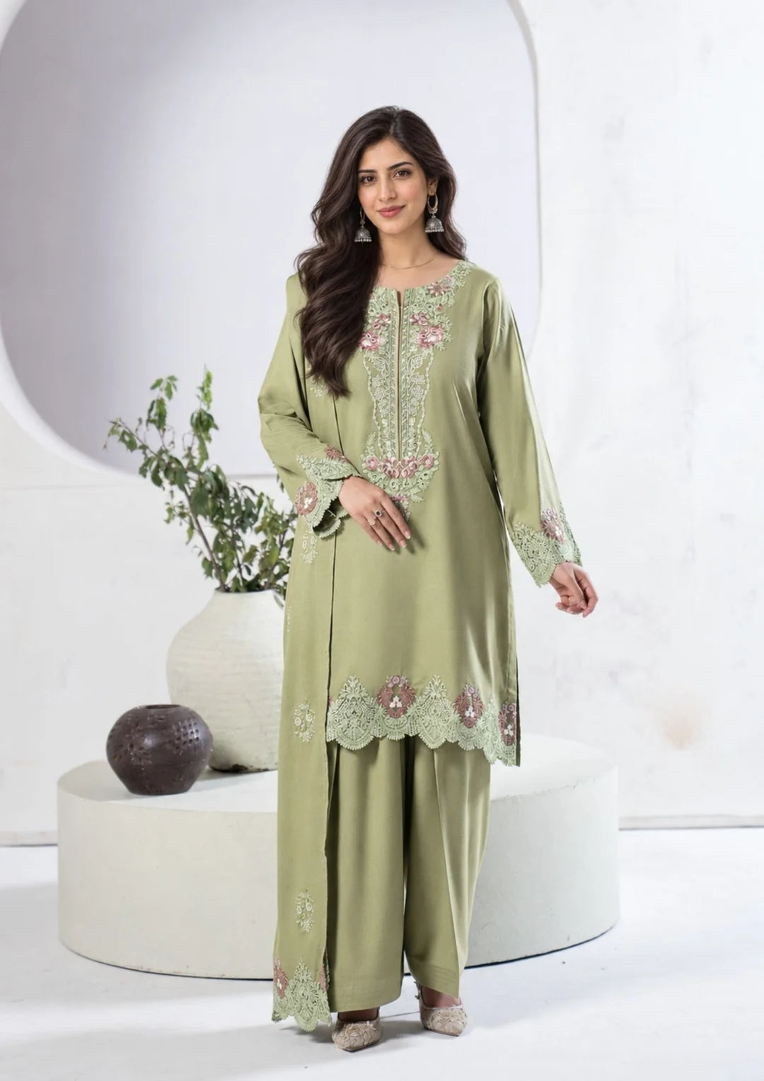 Full-length green floral embroidered winter suit with shalwar and shawl