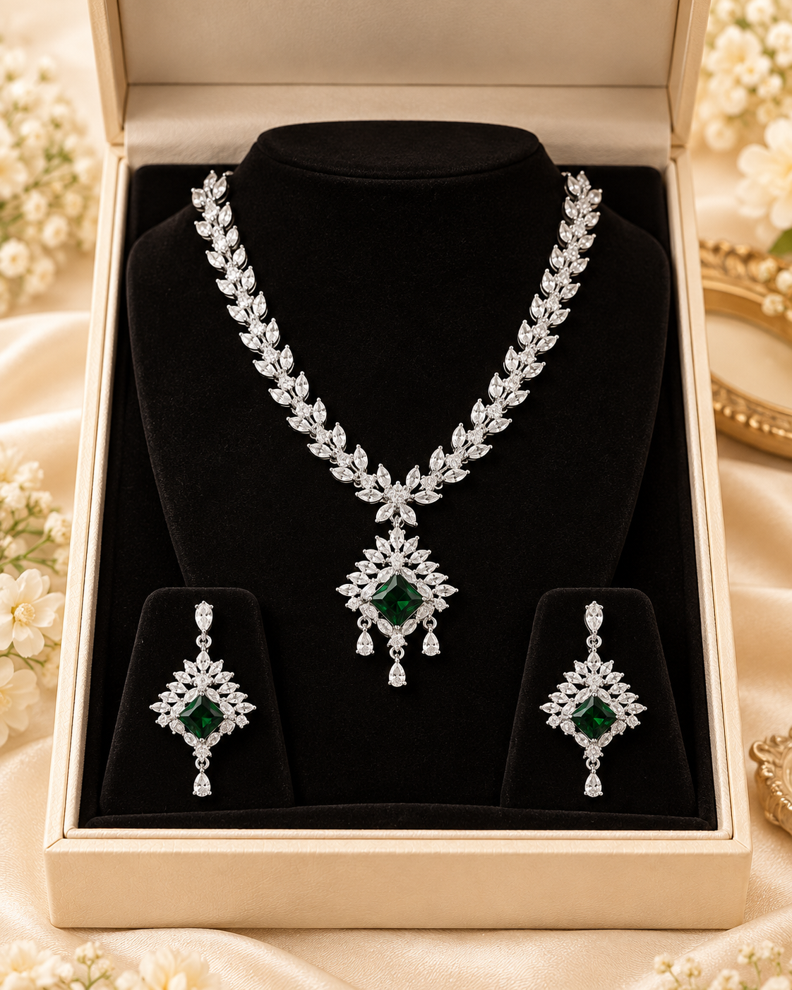 Silver-colour necklace with green centrepiece and matching drop earrings in display box