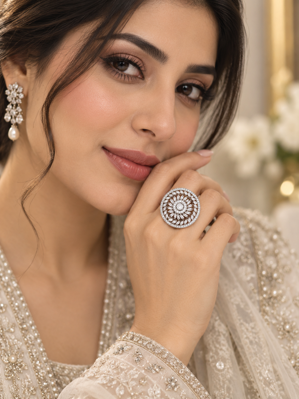 Silver Crystal Halo Statement Ring | Round Floral Cocktail Ring