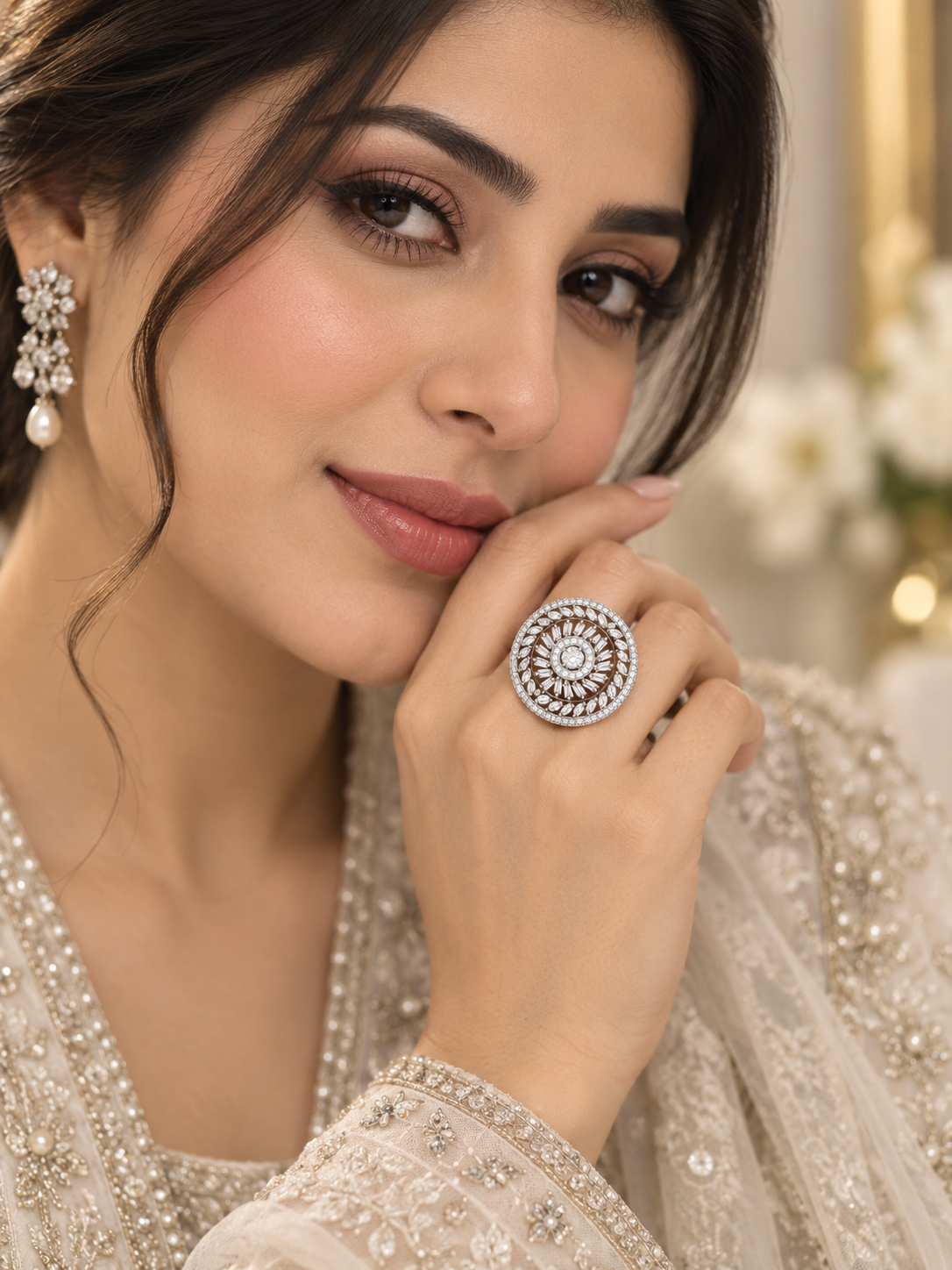Silver Crystal Halo Statement Ring | Round Floral Cocktail Ring