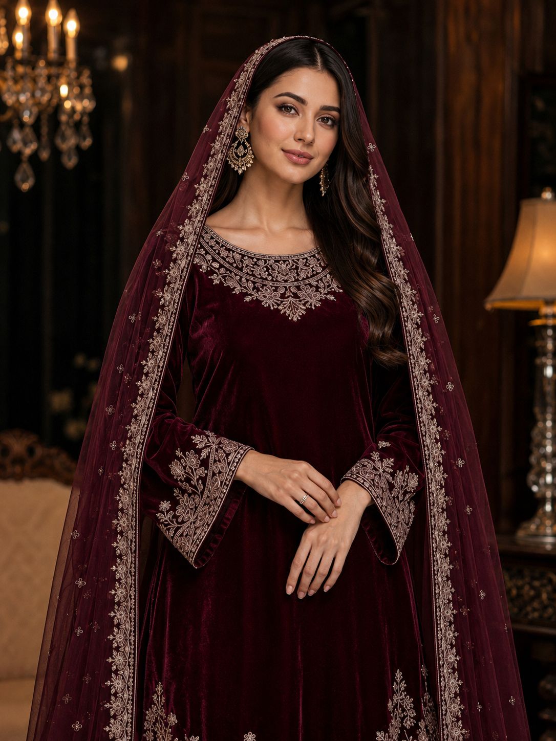 Pure Velvet 3-Piece Embroidered Suit | Thread & Sequence Work | Velvet Plazo + Chiffon Dupatta 2317