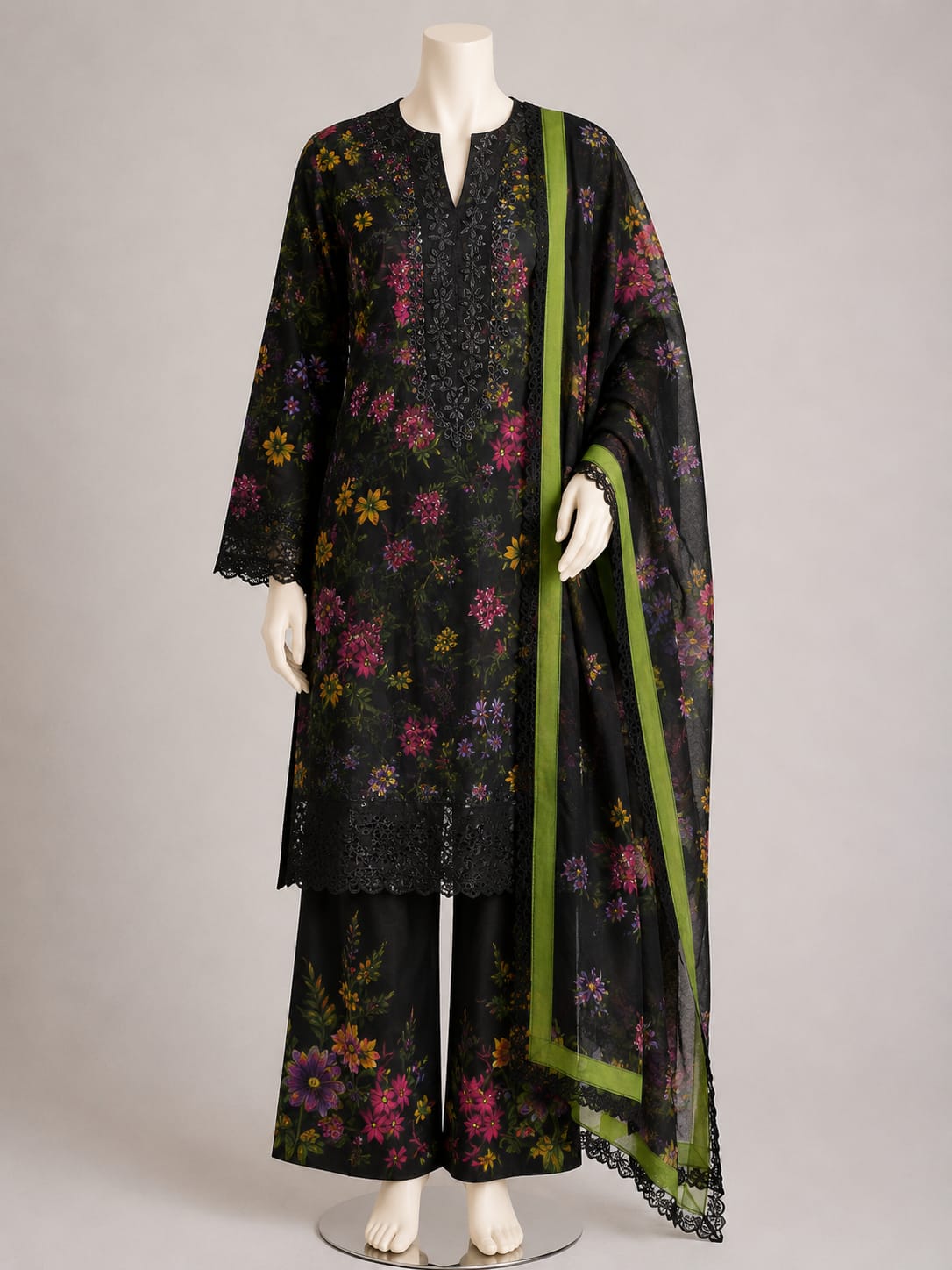 Full Embroidered Chikankari Lawn Suit With Printed Plazo & Embroidered Chiffon Dupatta | 3 Piece