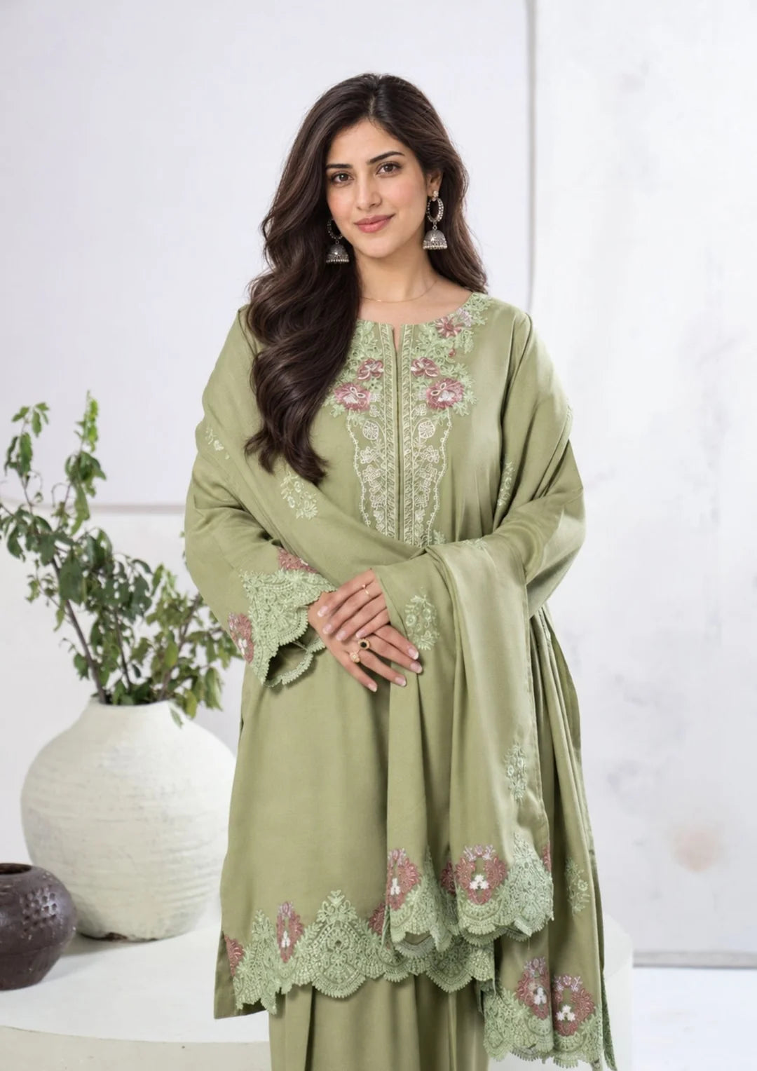Green shirt with pastel floral neckline embroidery