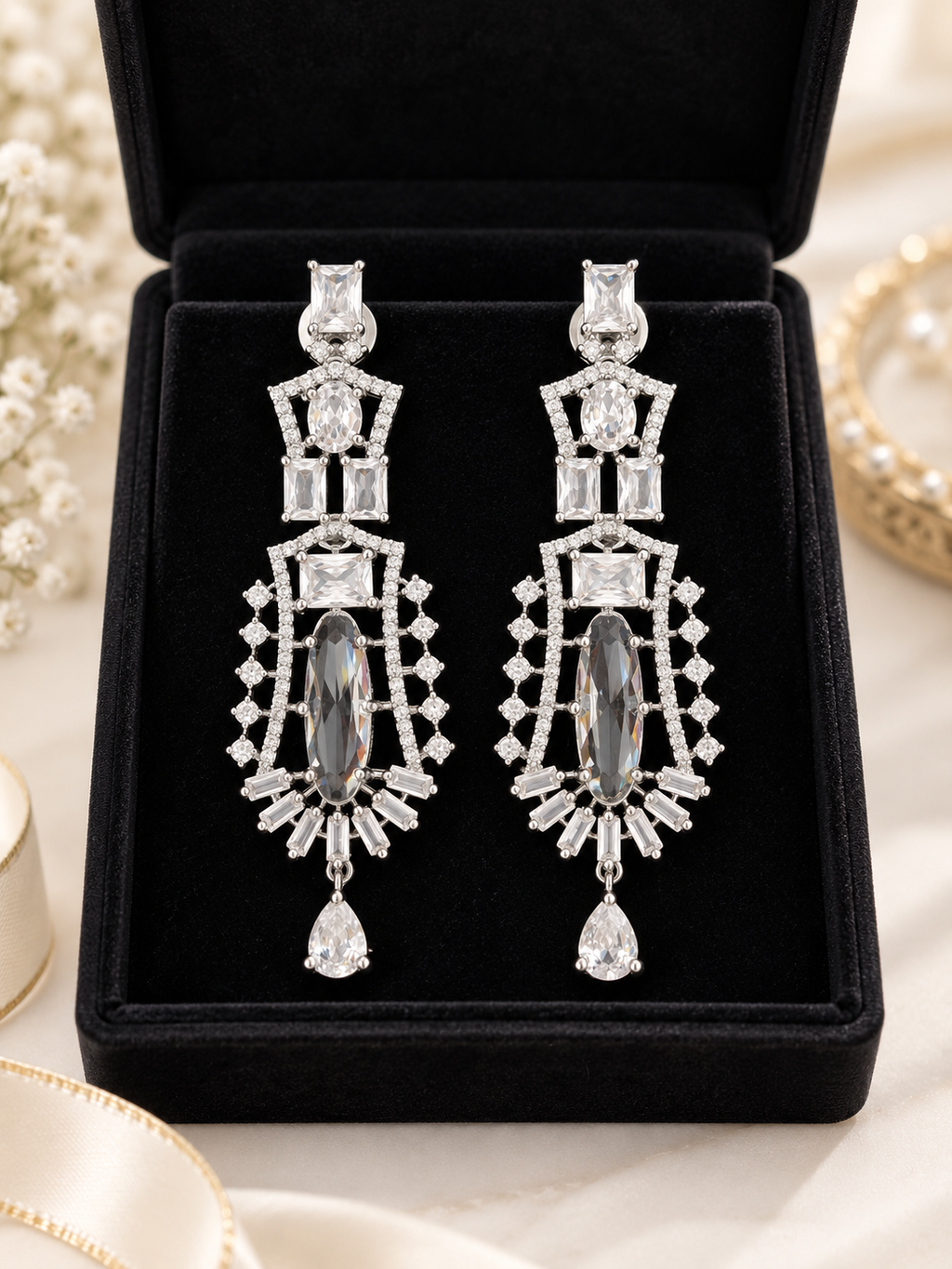 Luxury Silver Crystal Statement Drop Earrings | Elegant Party Wear Earrings