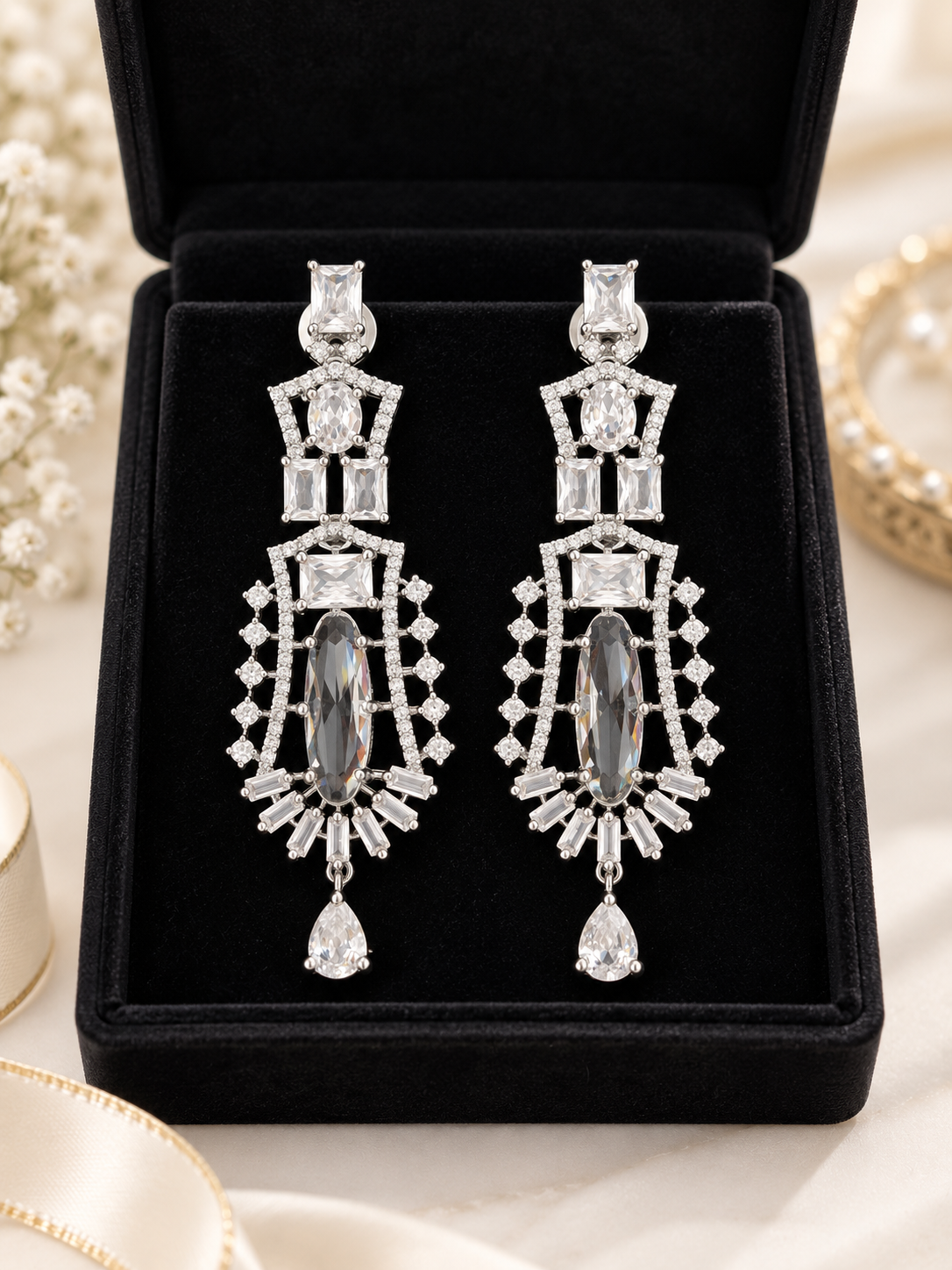 Luxury Silver Crystal Statement Drop Earrings | Elegant Party Wear Earrings