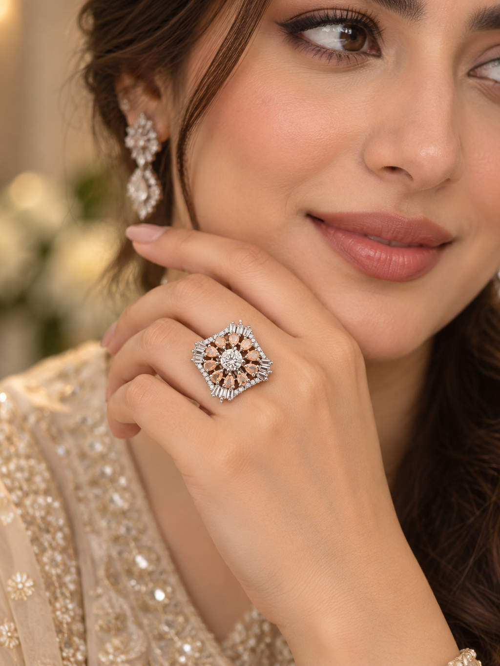 Peach Crystal Floral Statement Ring | Silver-Tone Luxury Cocktail Ring