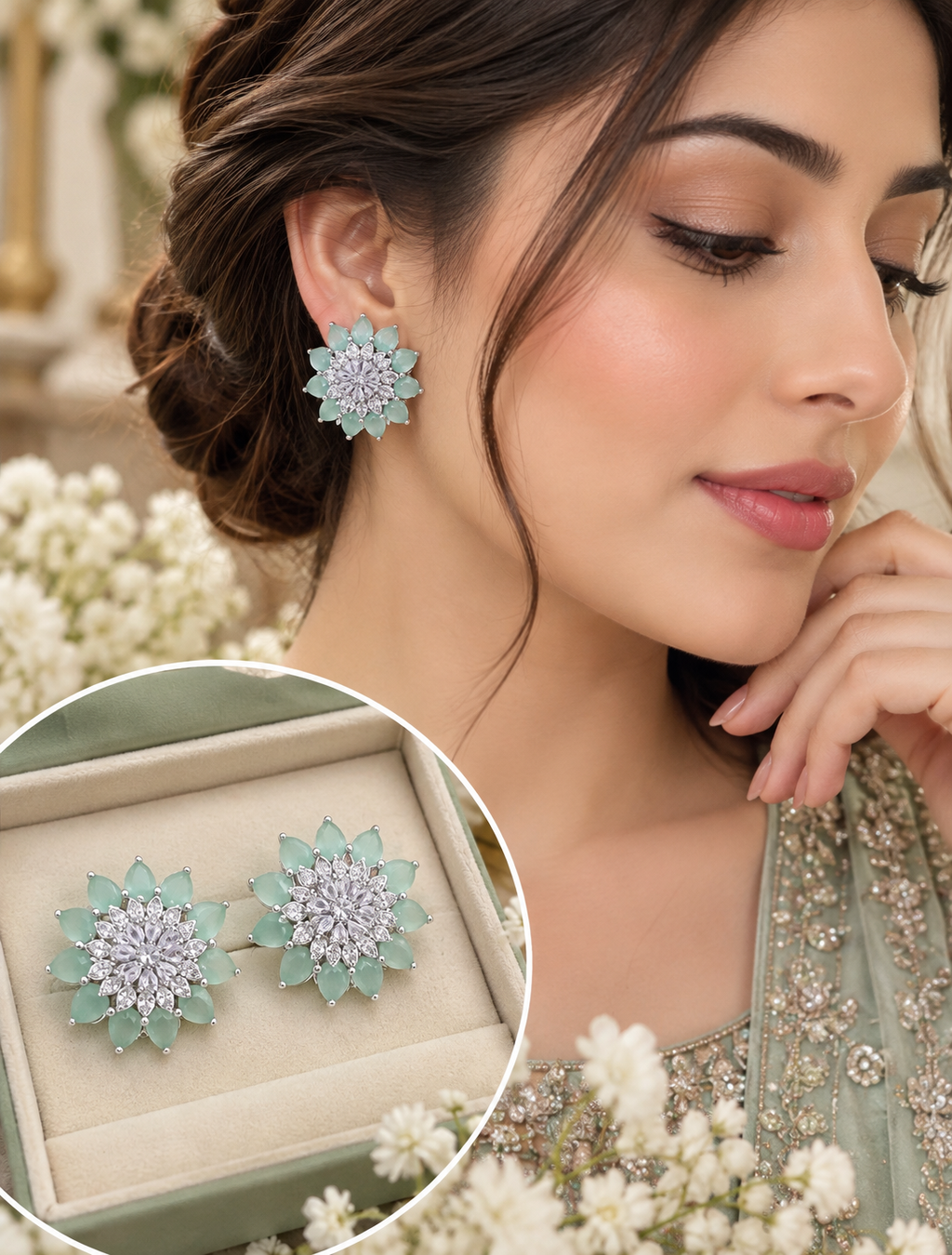 Mint Green Crystal Floral Statement Stud Earrings 024
