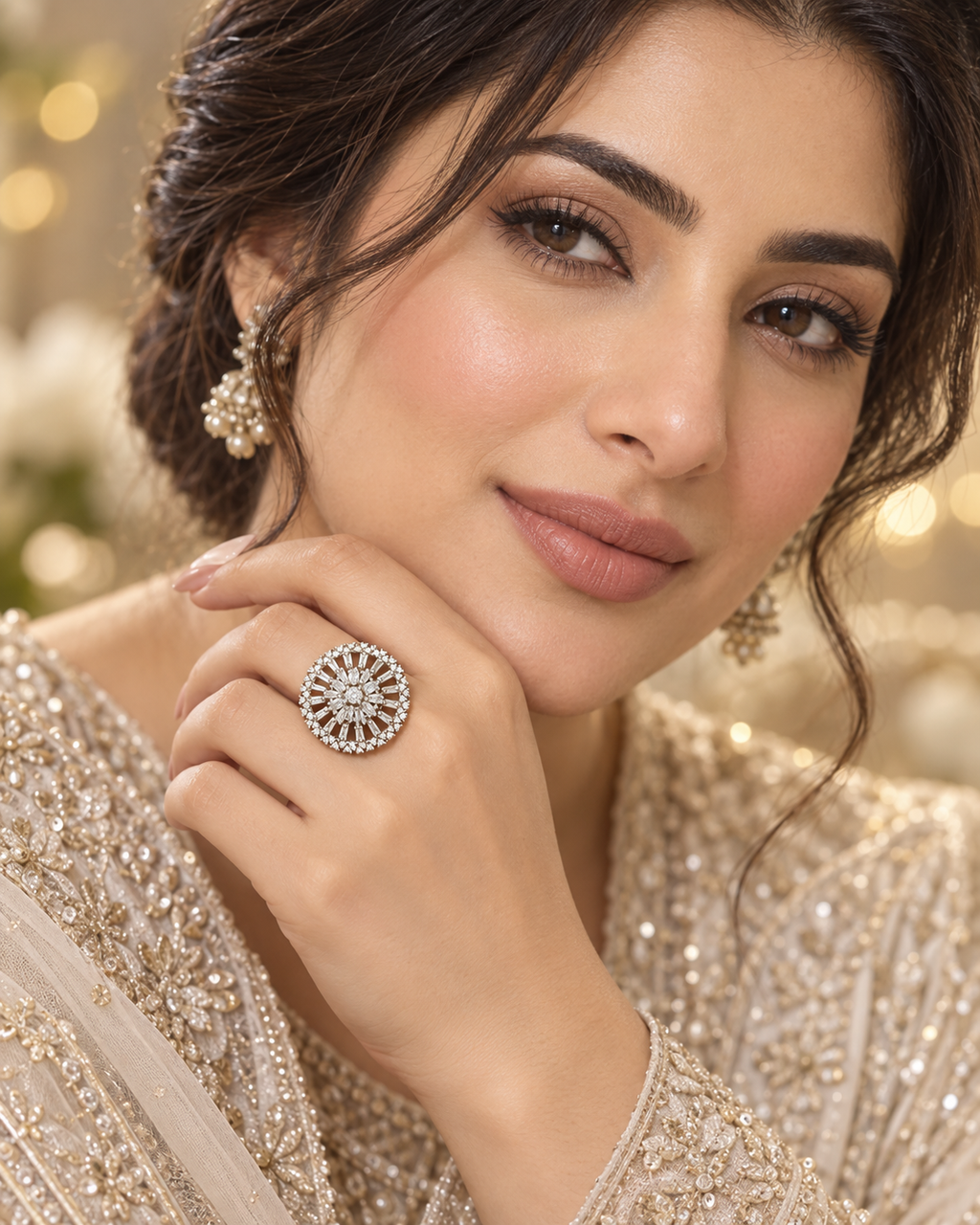 Luxury Silver Crystal Statement Ring | Radiant Floral Baguette Design