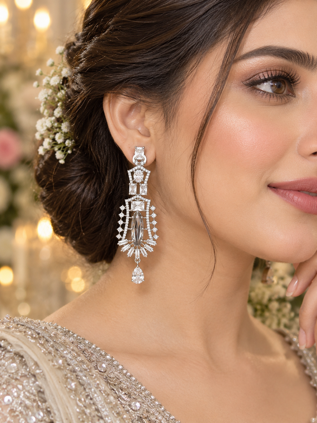 Luxury Silver Crystal Statement Drop Earrings | Elegant Party Wear Earrings