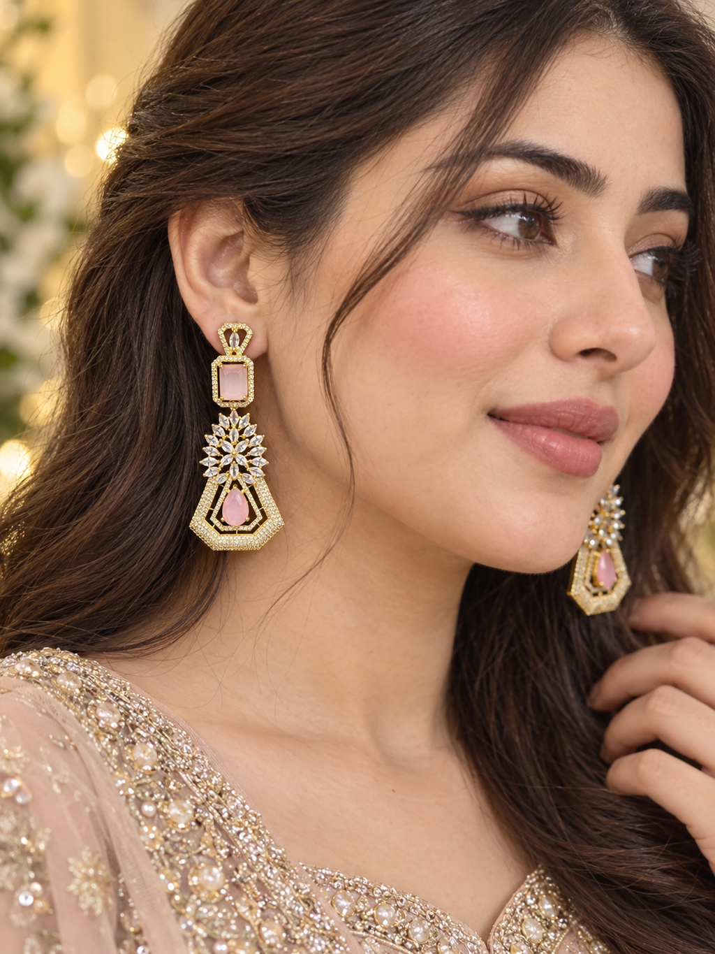 Blush Pink Crystal Geometric Drop Earrings | Gold-Tone Statement Earrings